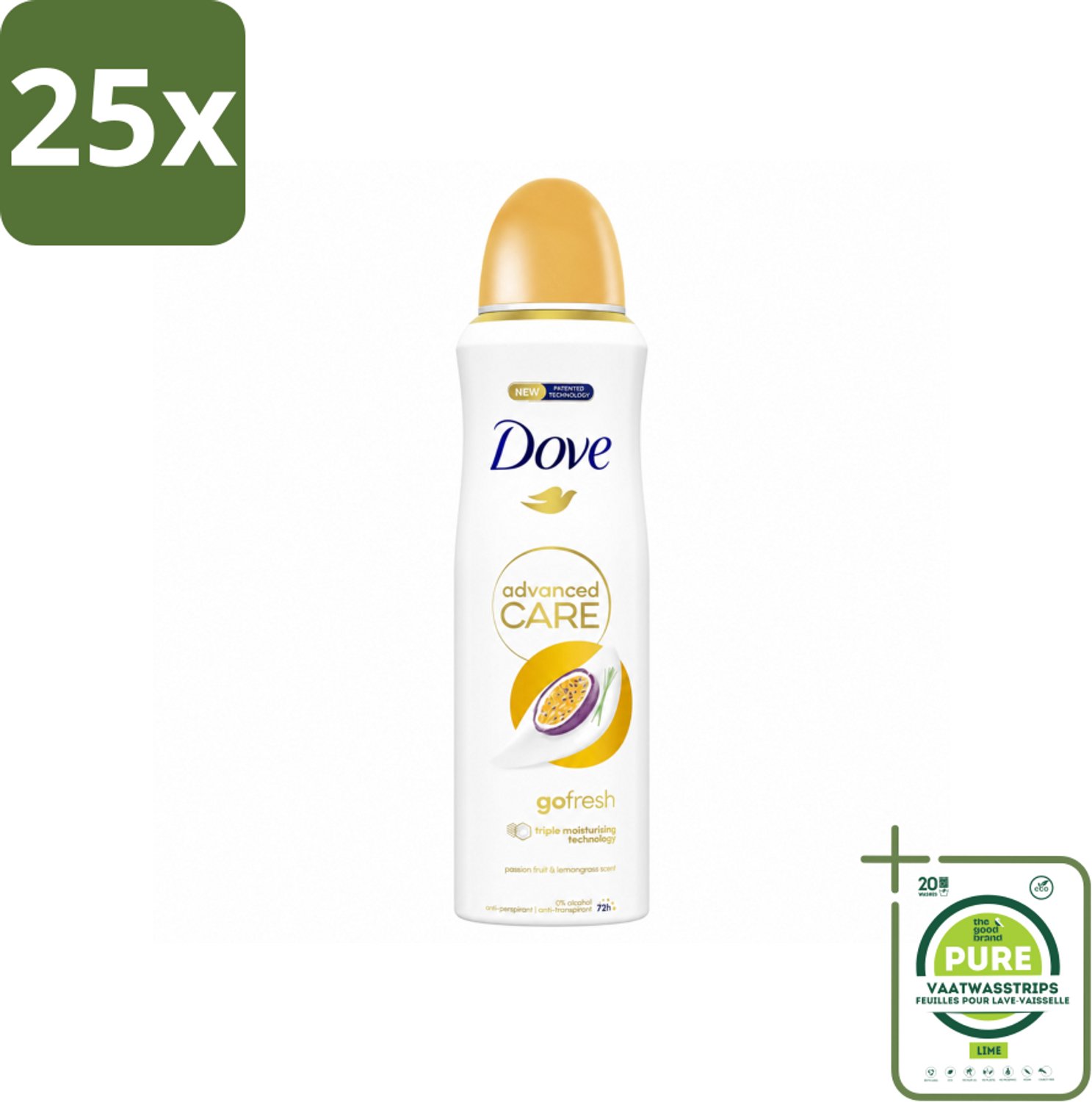 25 x Dove – Deodorant Spray – Go Fresh Passievrucht – 200 ml - Grootverpakking - Vaatwasstrips - Anti-transpirant - Deodorant Spray - Passievrucht - Zweetbestendig - Frisheid