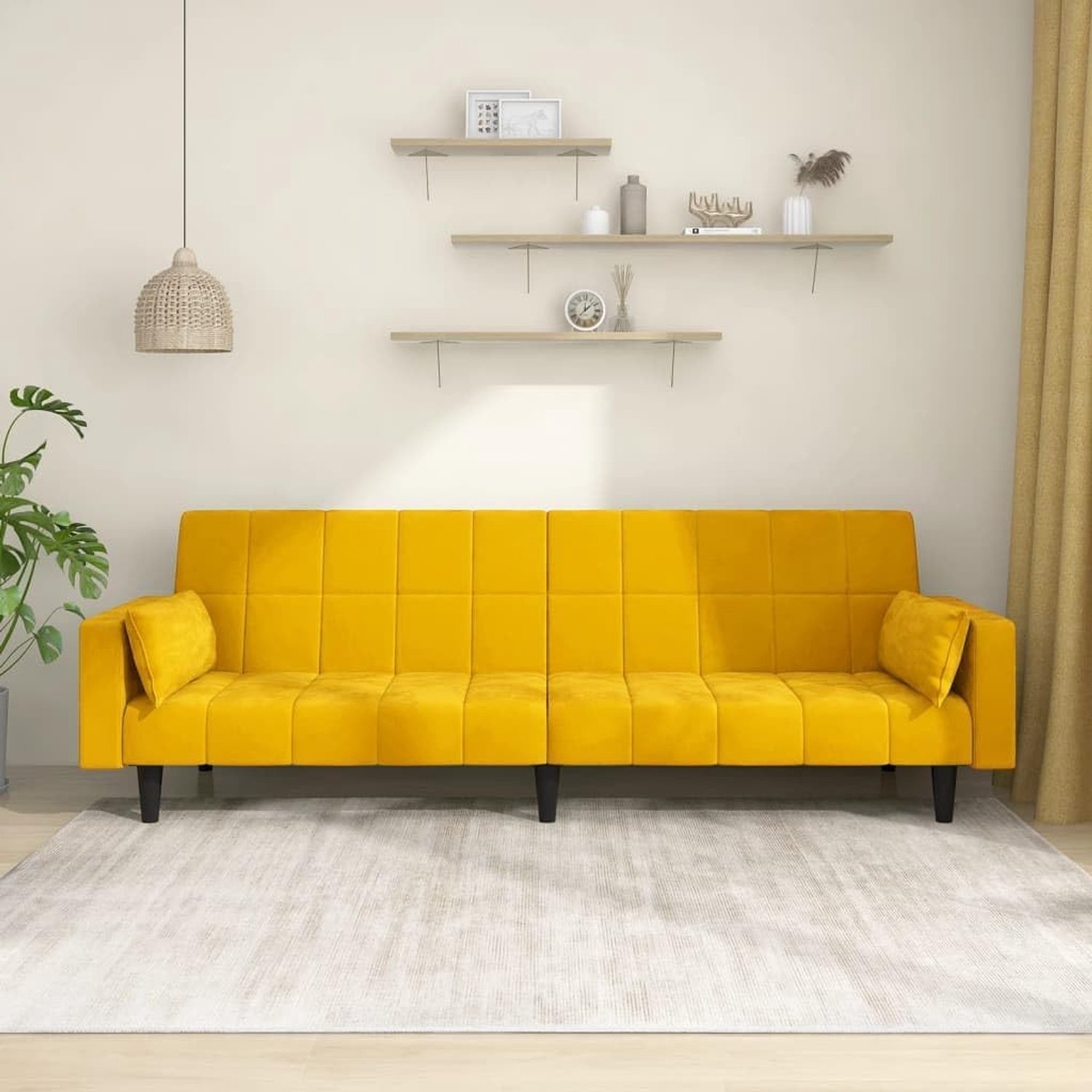 2-zits, geel fluweel met 2 kussens, 2-in-1 functioneel meubel voor logeerovernachting, comfortabel zit- en slaapmeubel van zacht velours, robuust houten frame