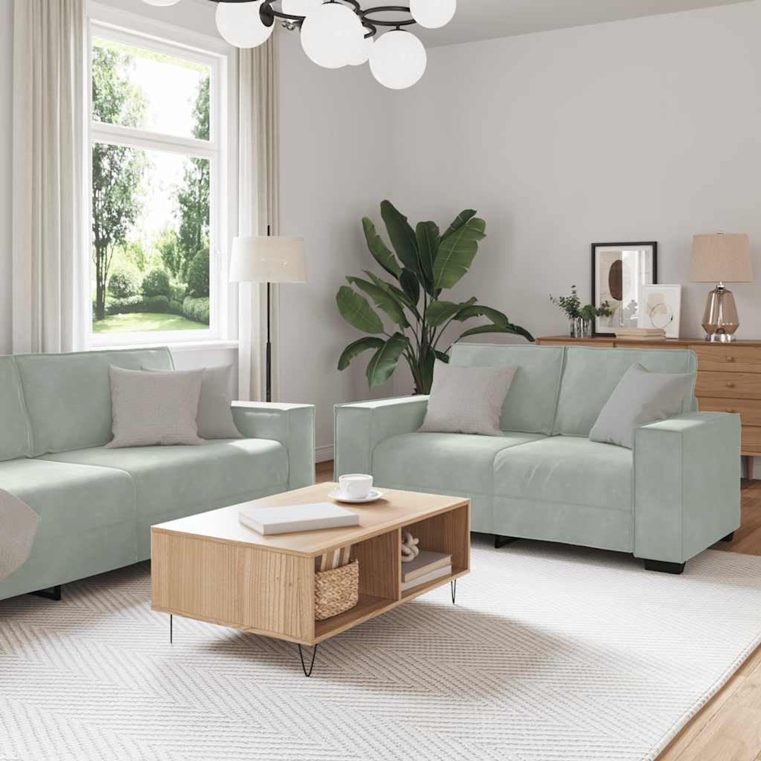 2-delige bankset met kussen, lichtgrijs fluweel, zacht velours materiaal en robuust frame voor woonkamer en kantoor, comfortabele bekleding en brede armleuningen voor ontspanning