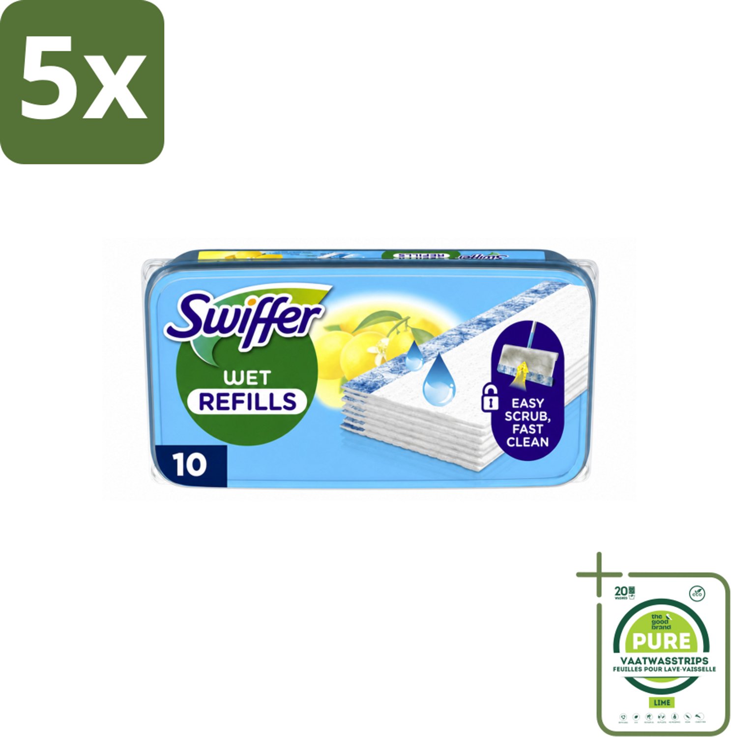 5 x Swiffer - Vloerdoekjes – Citrus Fresh – 10 doekjes - Grootverpakking - Vaatwasstrips - Vloerdoekjes Navullingen - Schoonmaak Doekjes - Citroengeur - Schrobdoekjes - Vuil Oplossen