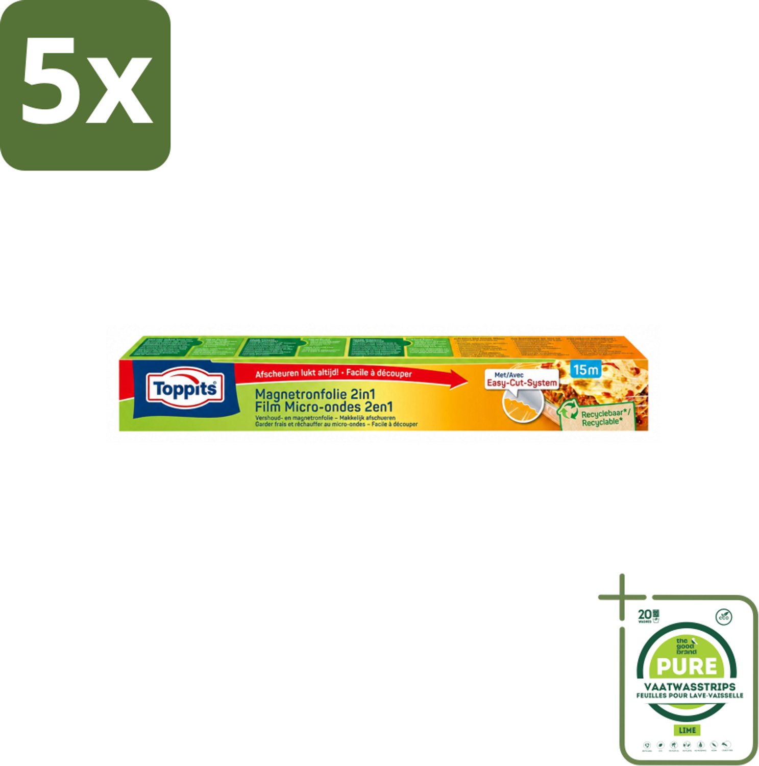 5 x Toppits – Magnetronfolie 2-in-1 – 15 m - Grootverpakking - Vaatwasstrips - Magnetronfolie - Bewaren - Opwarmen - Stoomafgifte - Versheid