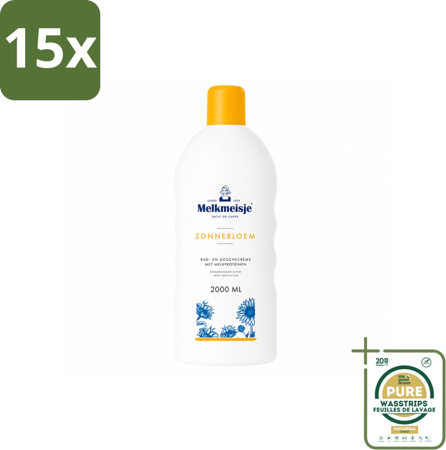 15 x Melkmeisje – Bad & Douchecrème – Zonnebloem – 2000 ml - Wasstrips - Bad En Douchecrème - Badcrème - Douchecrème - Zonnebloem En Melk - Huidverzorging