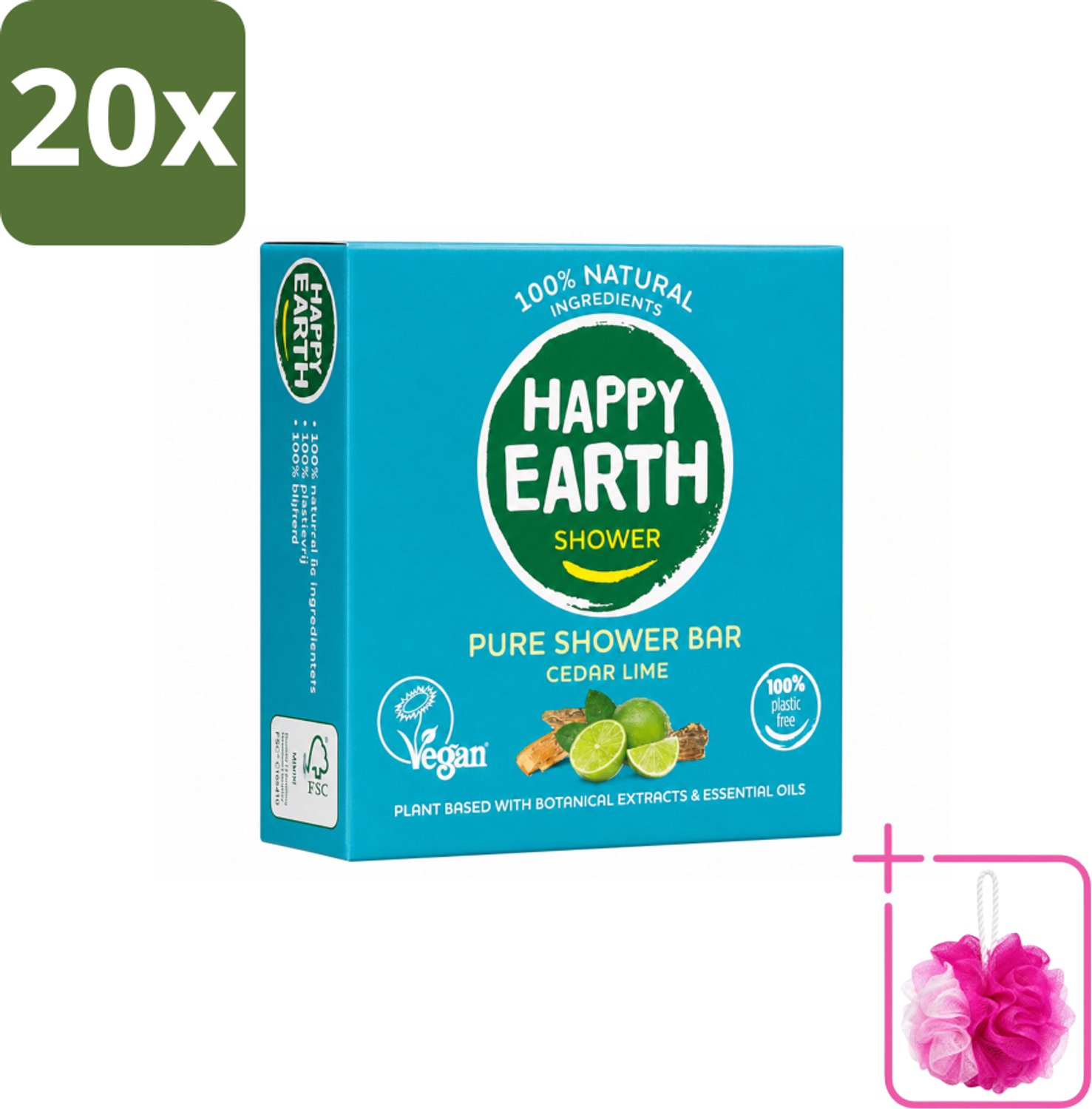 20 x Happy Earth – Shower Bar – 100% Natuurlijk Cedar Lime – 90 g - Bulkverpakking - Douchebar - Douchemop - Natuurlijke douche