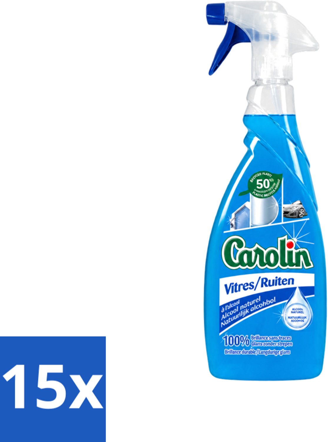 15 x Carolin - Glas- en Ruitenreiniger - Met Natuurlijke Alcohol - 650 ml - Voordeelverpakking - 15 stuks
