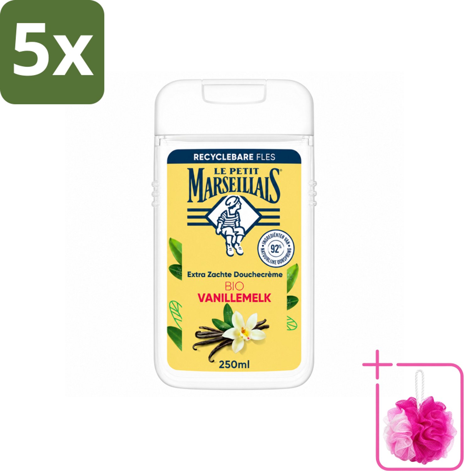 5 x Le Petit Marseillais – Douchecrème – Lait de Vanille Bio – Extra zacht – 250 ml - Bulkverpakking - Douchecrème - Douchemop - Vanille