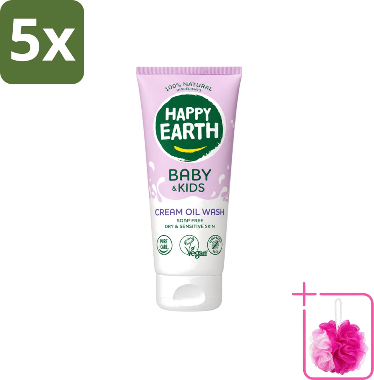 5 x Happy Earth – Cream Oil Wash – 100% Natuurlijk Baby & Kids – 200 ml - Bulkverpakking - Babyolie - Douchemop - Gezichtsolie