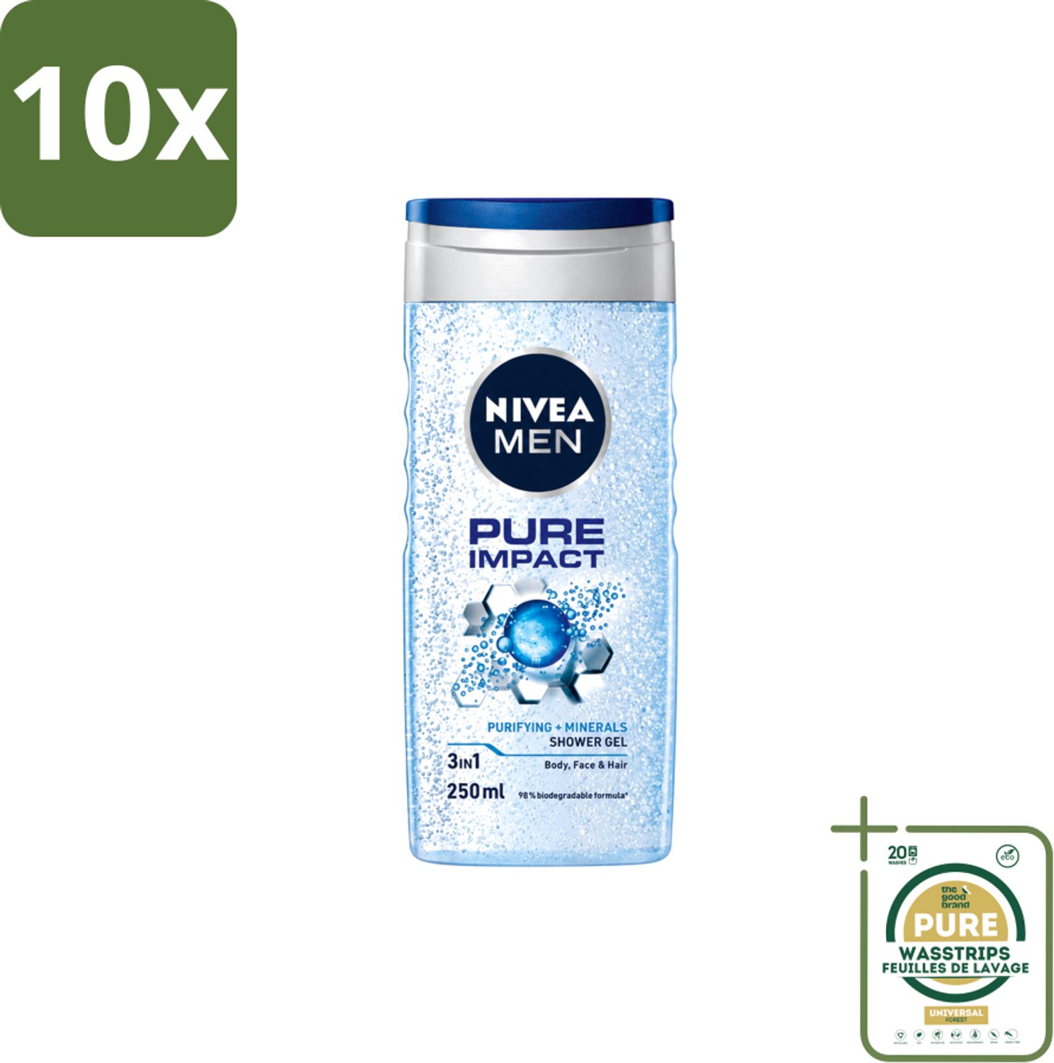 10 x Nivea Men – Douchegel – Pure Impact – 250 ml - Wasstrips - Douchegel - Zuiverende Douchegel - Reinigende Douchegel - Zweet Verwijderen - Vuil Verwijderen