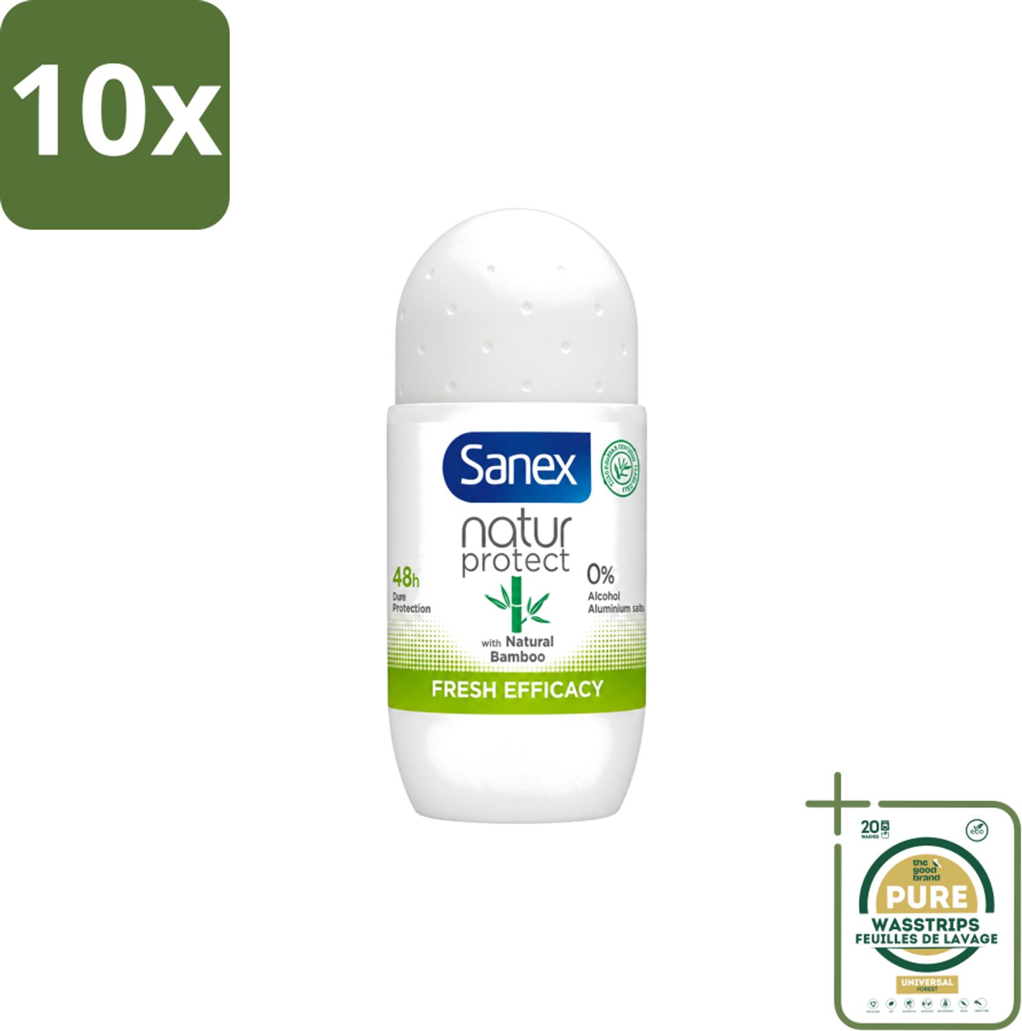 10 x Sanex – Deo Roll-on – Bamboo Fresh Efficacy – 50 ml - Wasstrips - Bamboo Deodorant - Natuurlijke Frisheid - Alcoholvrije Deodorant - Huidvriendelijke Deodorant - Transpiratiegeur