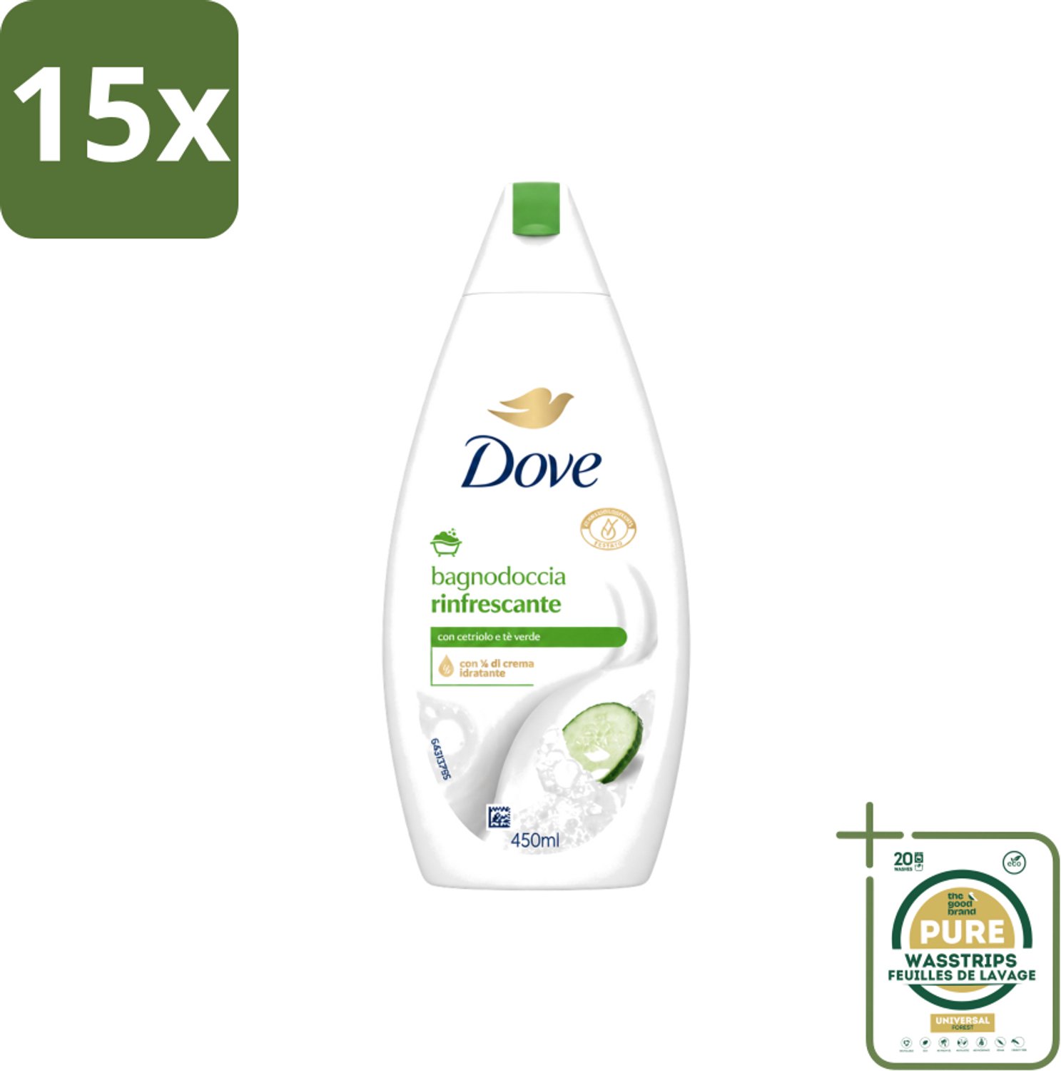 15 x Dove – Douchegel – Refreshing – 450 ml - Wasstrips - Douchegel - Frisheid - Reiniging - Huid Verzorging - Mild Reinigen