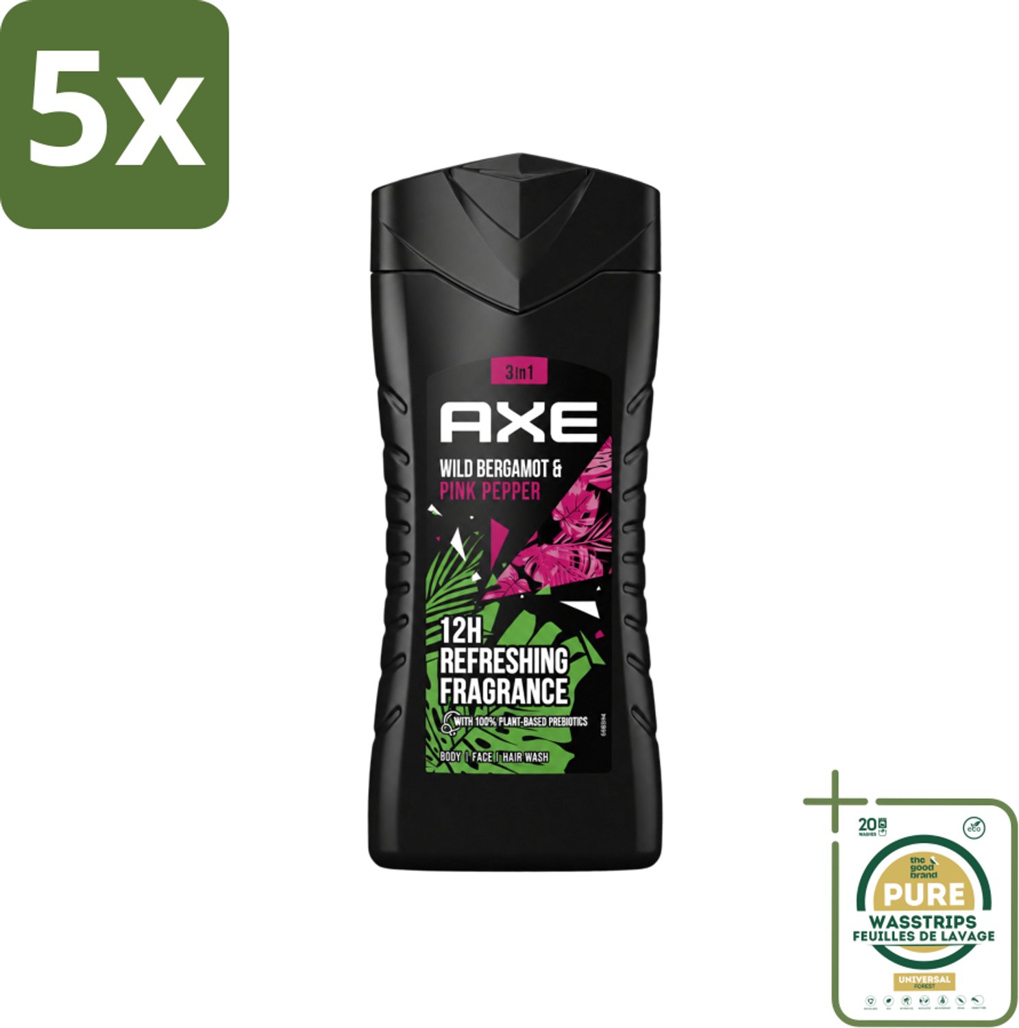 5 x Axe - 3-in-1 Douchegel - Wild Bergamot & Pink Pepper - 100% Plantaardig - 250 ml - Wasstrips - Douchegel - 3-in-1 - Lichaam - Gezicht - Haar