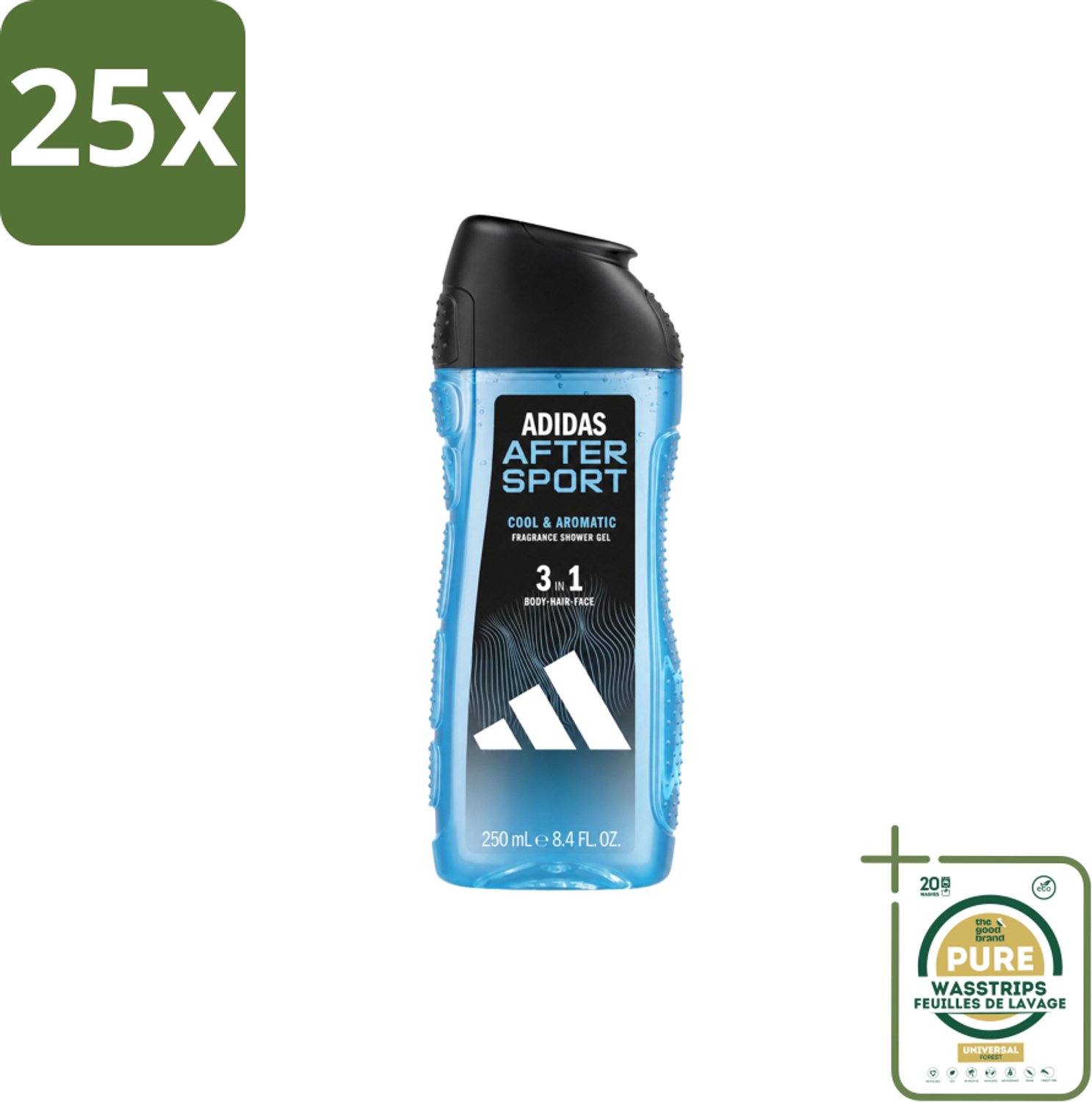 25 x Adidas – Douche & Shampoo – Men After Sport – 250 ml - Wasstrips - Douchegel En Shampoo - Sport Na Sport - Verkoelend Effect - Menthol - Zweet Verwijderen