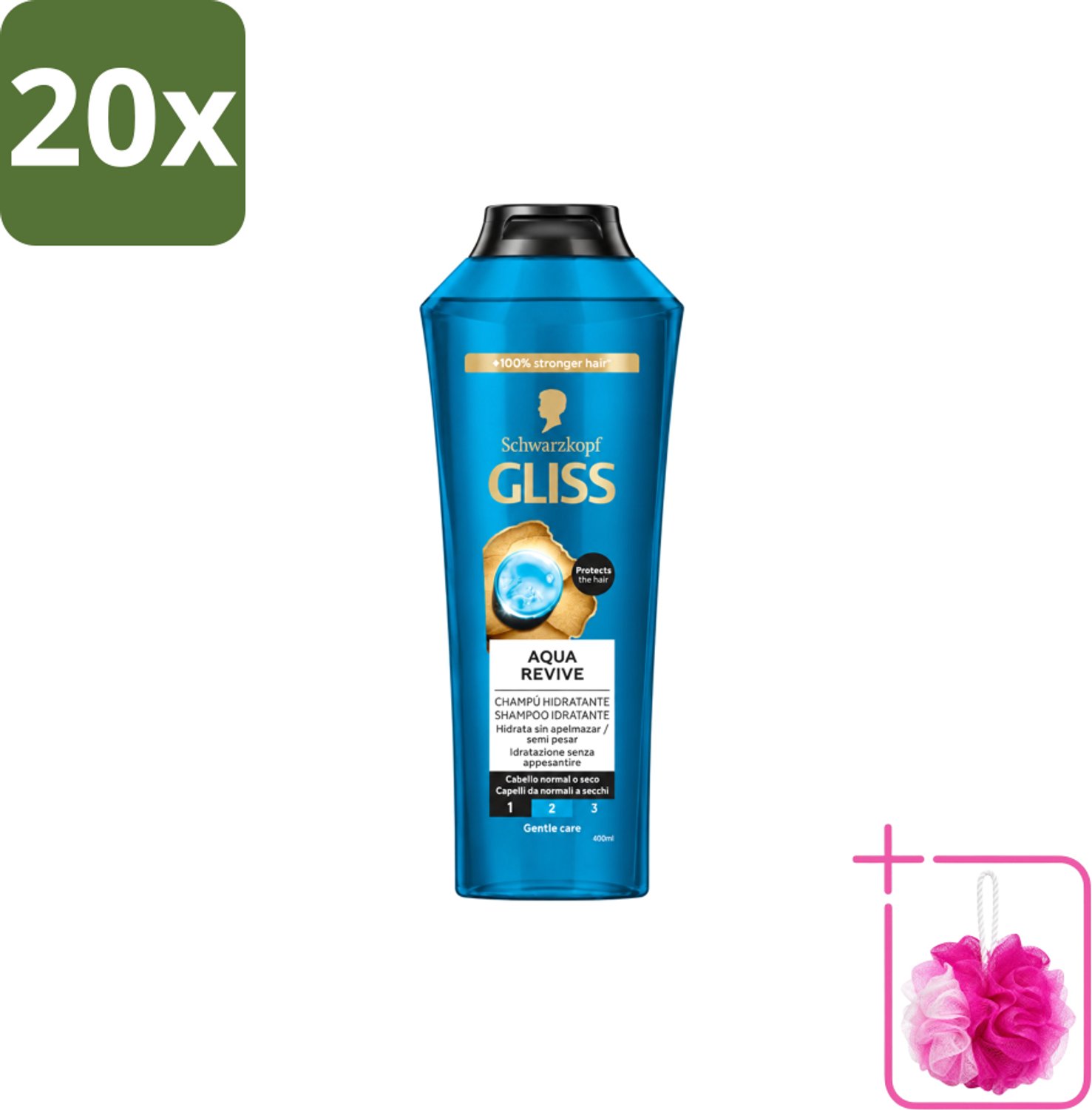 20 x Gliss-Kur - Shampoo - Aqua Revive - Verfrist & Hydrateert - 400 ml - Bulkverpakking - Haar reinigen - Douchemop - Haar hydrateren