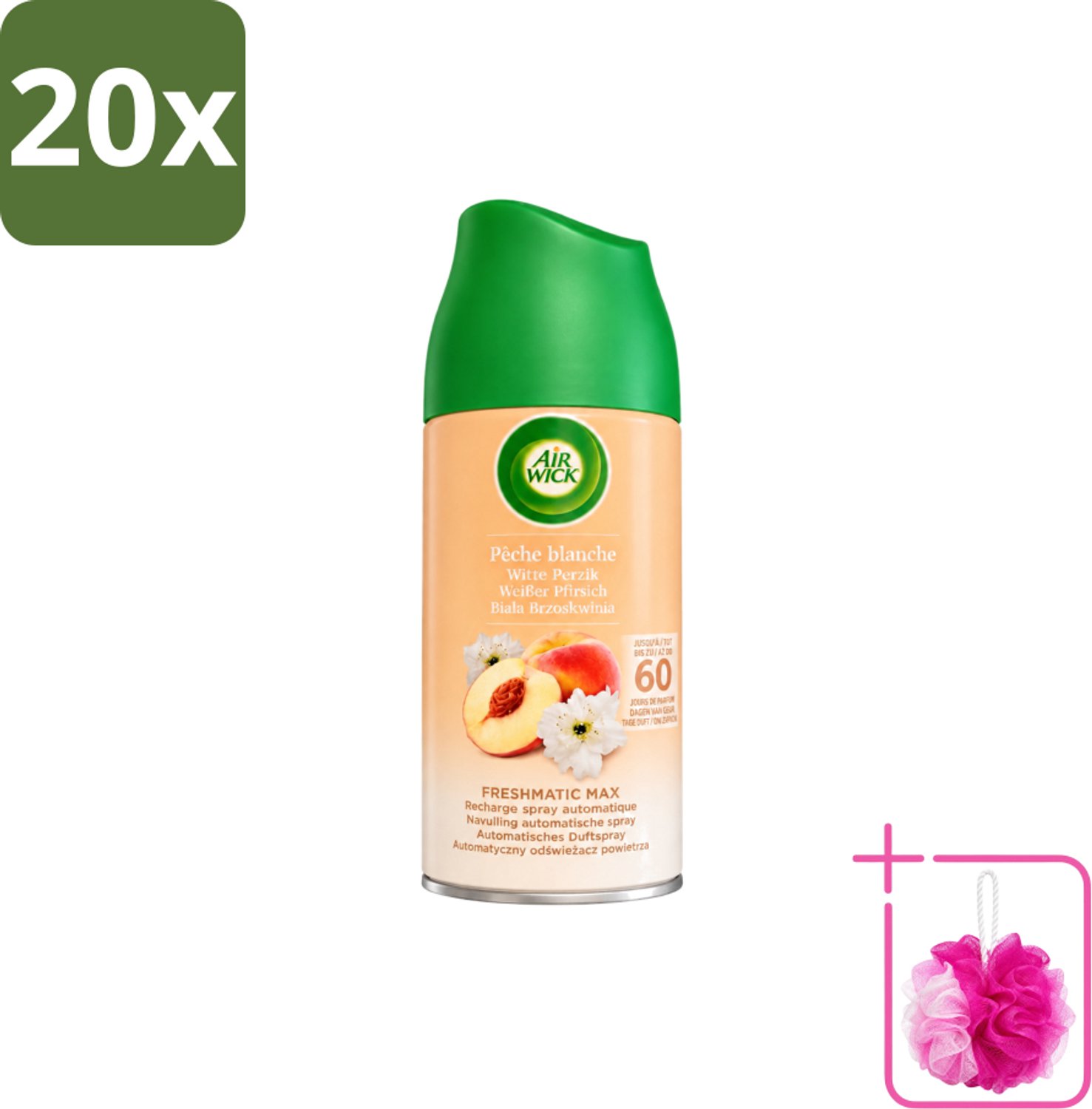 20 x Air Wick - Luchtverfrisser Navulling - Witte Perzik - Automatische Spray - 250 ml - Bulkverpakking - Luchtverfrisser - Douchemop - Geurverspreiding