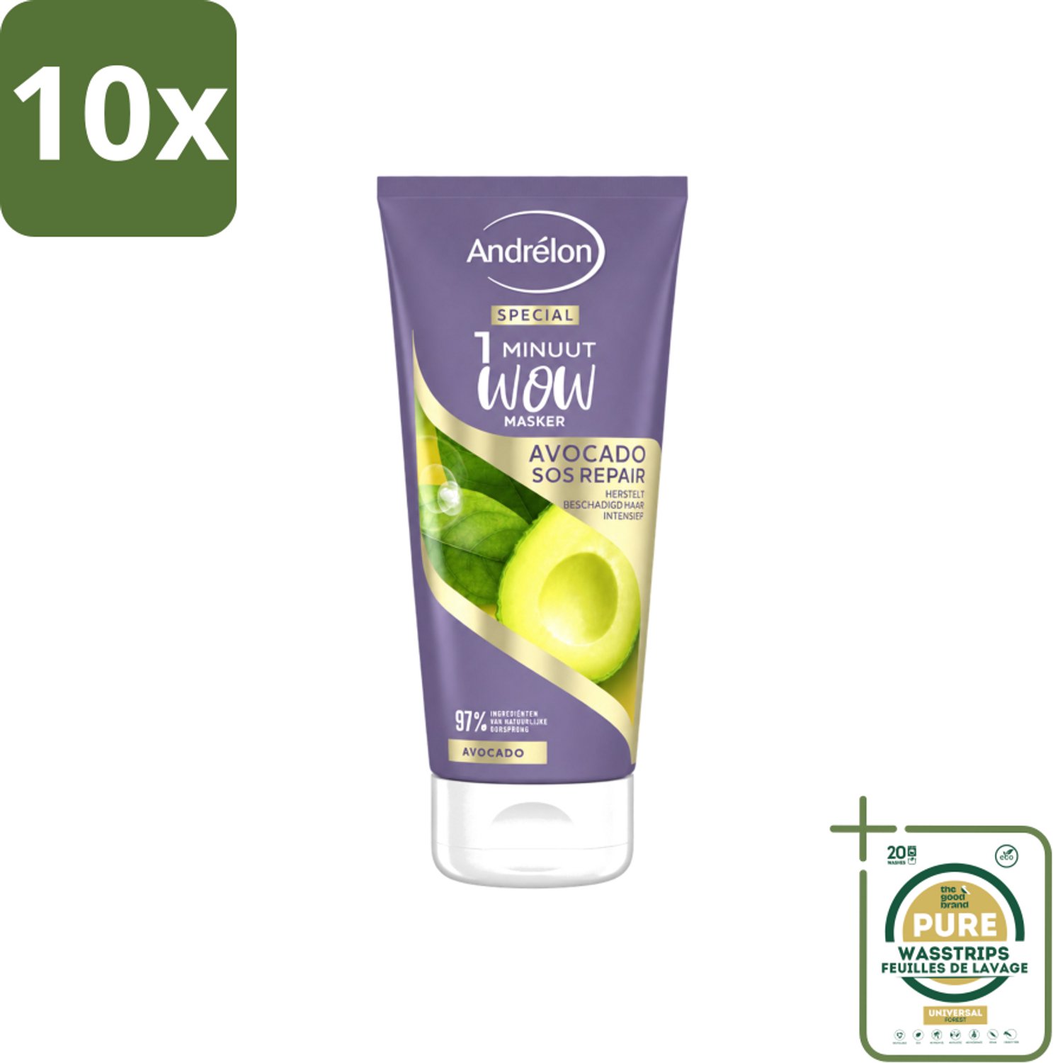 10 x Andrélon - 1 Minuut Wow Haarmasker - Avocado SOS Repair - 180 ml - Wasstrips - 1 Minuut Herstel - Beschadigd Haar Herstel - Avocado Haarmasker - Haarmasker 1 Minuut - Haarmasker Voor Beschadigd Haar