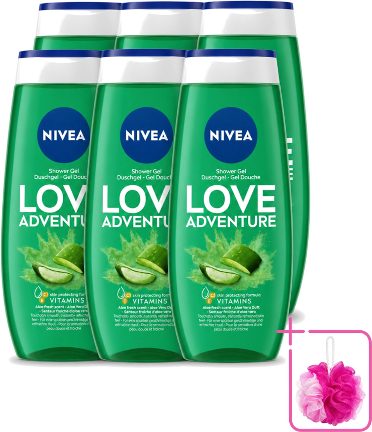 6 x Nivea - Love Adventure Douchegel - Huidbeschermend - 250 ml - Bulkverpakking - Douchegel - Douchemop - Verfrissend