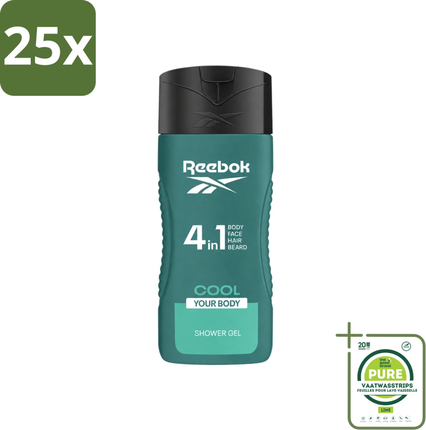 25 x Reebok - Cool Your Body - Douchegel - 4 in 1 - 400 ml - Grootverpakking - Vaatwasstrips - Douchegel 4 In 1 - Verkoelend Effect - Menthol - Aloe Vera - Gezicht Verzorging