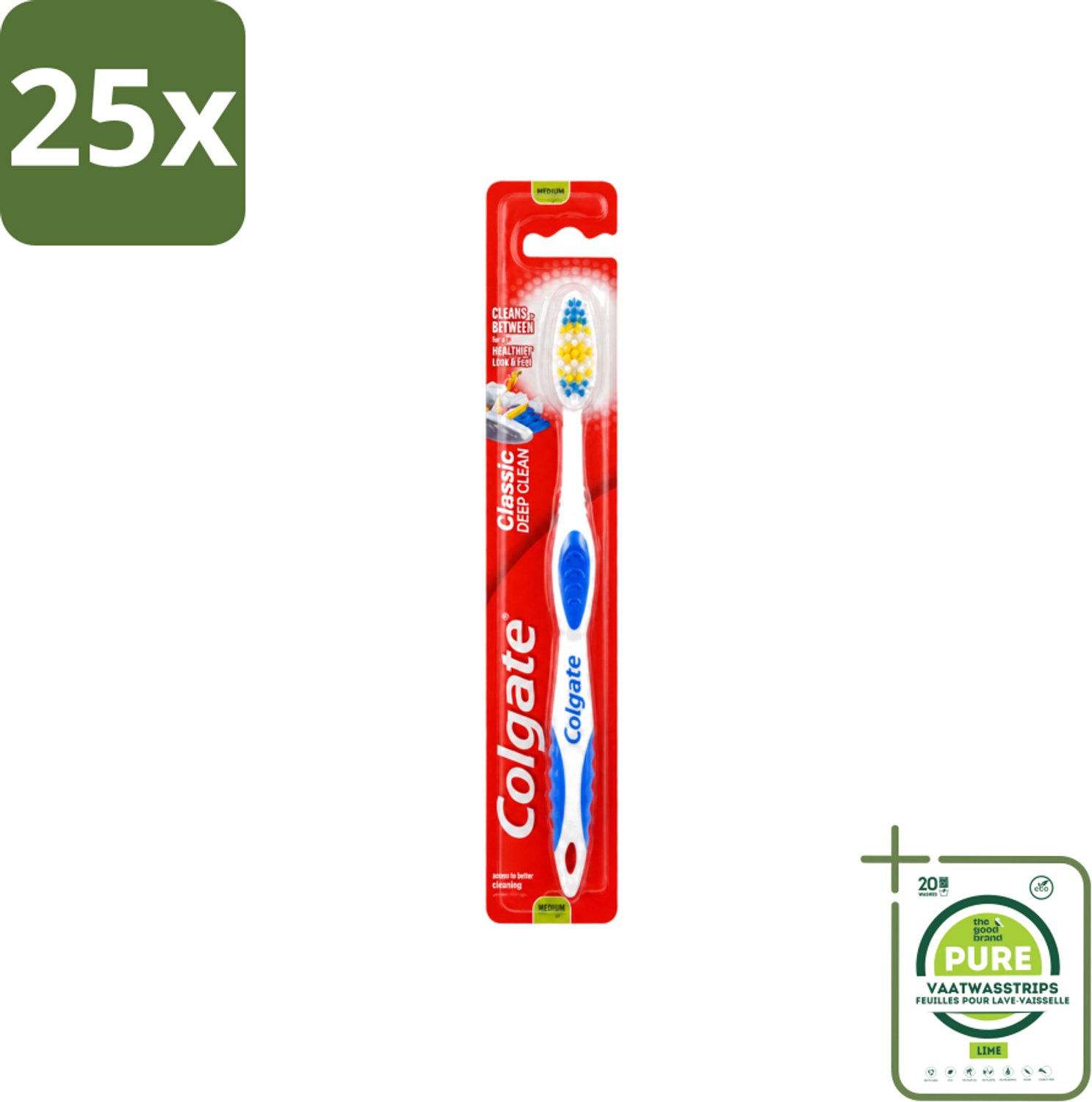 25 x Colgate - Tandenborstel - Classic Deep Clean Medium - 1 Tandenborstel - Grootverpakking - Vaatwasstrips - Tandenborstel - Mondhygiëne - Tanden Poetsen - Tandplak Verwijderen - Gezonde Mond