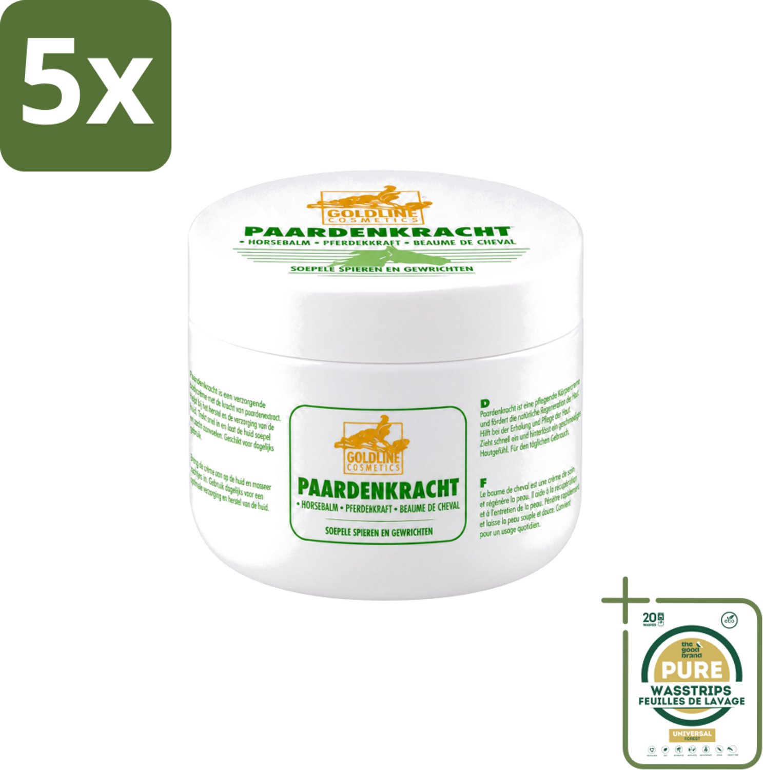 5 x Goldline - Bodycrème - Paardenkracht - Herstel & Verzorging - 250 ml - Wasstrips - Bodycrème - Herstel - Huidverzorging - Spierherstel - Hydratatie