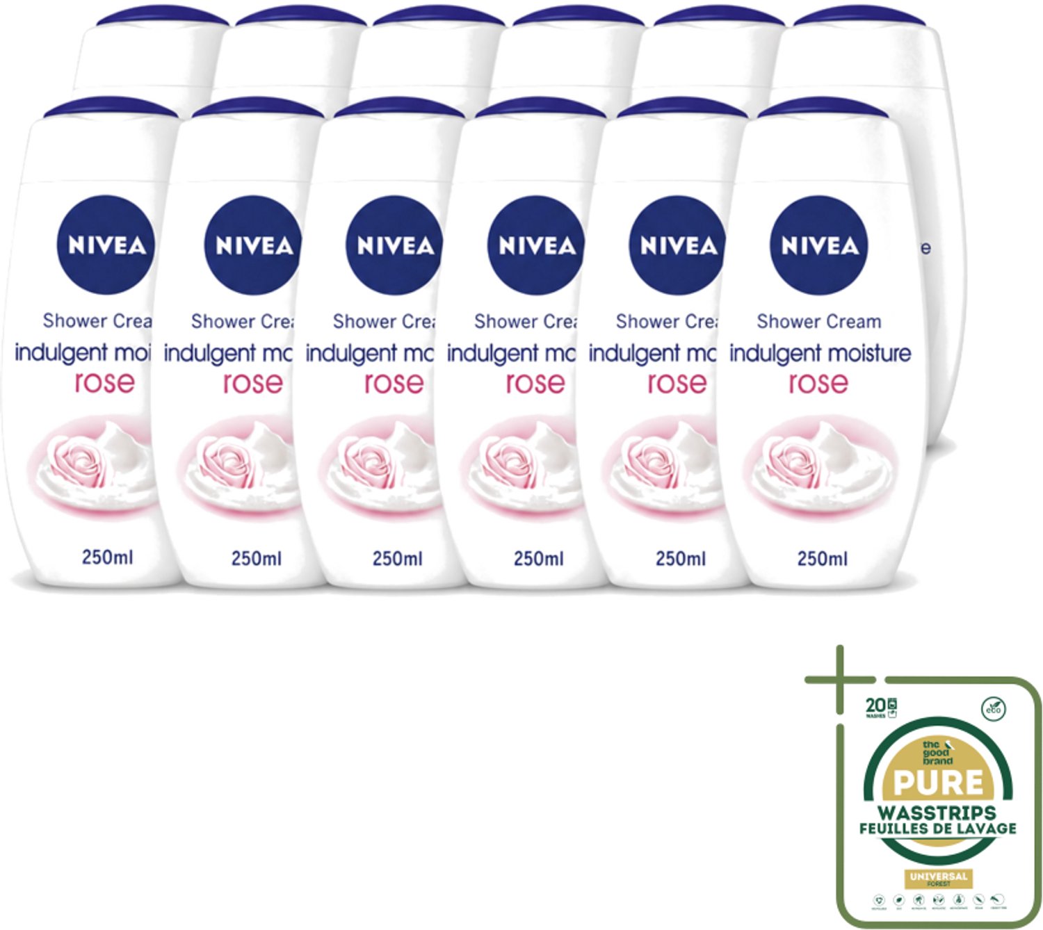 12 x Nivea - Shower Indulgent Moisture Rose Douchecrème - 250 ml - Wasstrips - Douchecrème - Amandelmelk - Rozengeur - Hydraterende Douchecrème - Zachte Huid