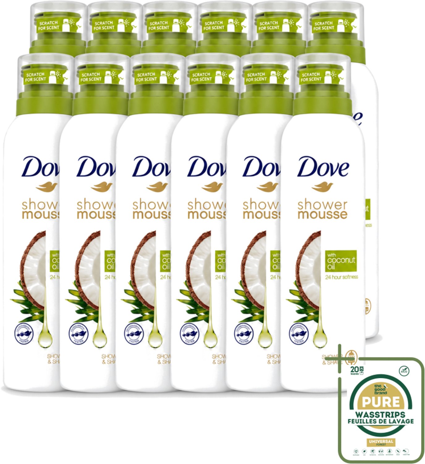 12 x Dove - Douchemousse - Coconut Oil - Voedend en verzorgend - 200 ml - Wasstrips - Douchemousse - Kokosolie - Voedend - Huid Verzorging - Scheren