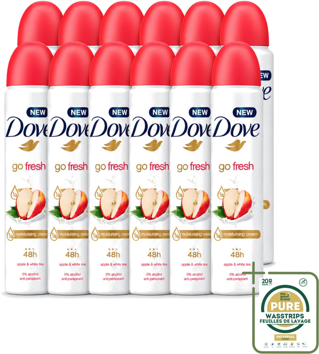 12 x Dove - Deodorant - Go Fresh Apple & White Tea - Verfrissend en fruitig - 250 ml - Wasstrips - Dove Go Fresh Apple & White Tea - Deodorant Spray - Fris - Fruitige Geur - Anti-transpirant