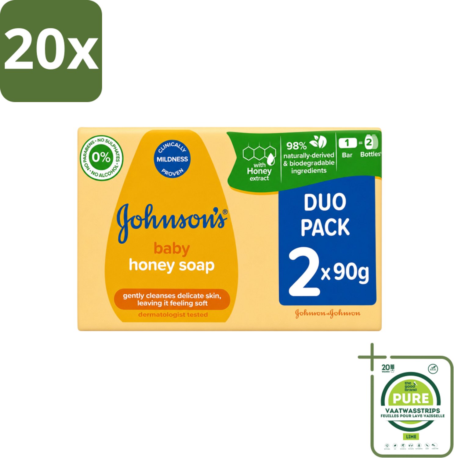 20 x Johnson's - Baby Honey Soap - Zacht - Reinigt Gevoelige Huid - 2 x 90 g - Grootverpakking - Vaatwasstrips - Babyhuid Reinigen - Honing Zeep - Gevoelige Huid - Zachte Zeep - Baby Zeep