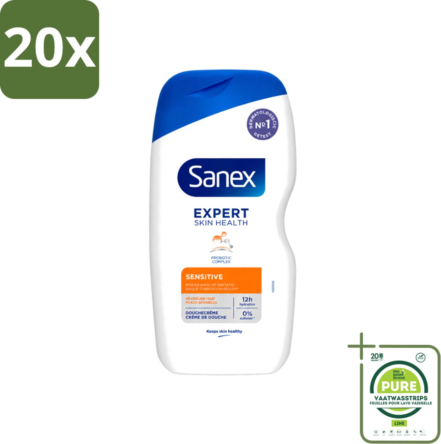 20 x Sanex - Douchegel - Expert Skin Health Sensitive - Voor Gevoelige Huid - 400 ml - Grootverpakking - Vaatwasstrips - Gevoelige Huid - Douchegel - Huidverzorging - Hydraatatie - Kalmering