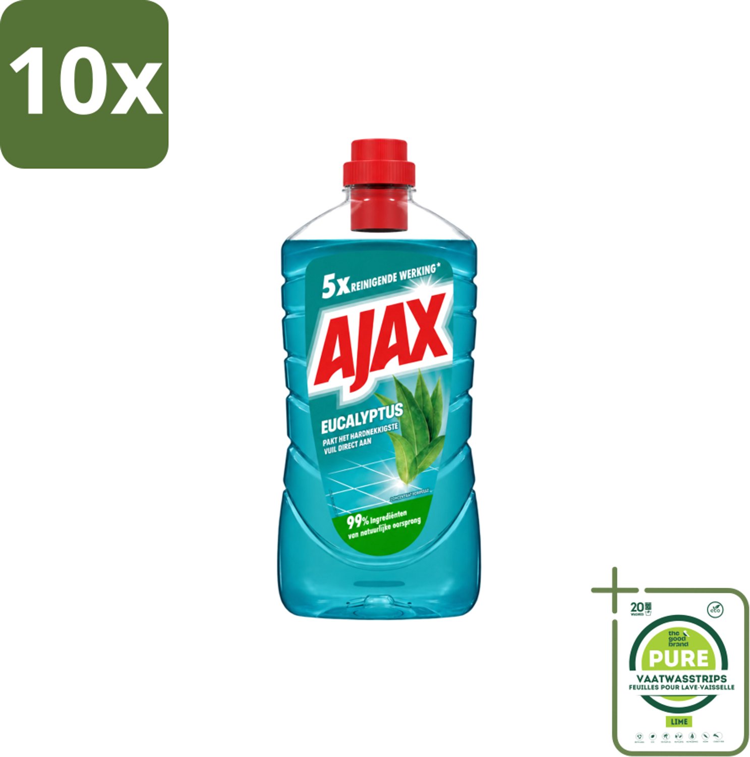 10 x Ajax – Allesreiniger – Eucalyptus – 1000 ml - Grootverpakking - Vaatwasstrips - Allesreiniger - Eucalyptus - Reiniging - Frisse Geur - Schoonmaak