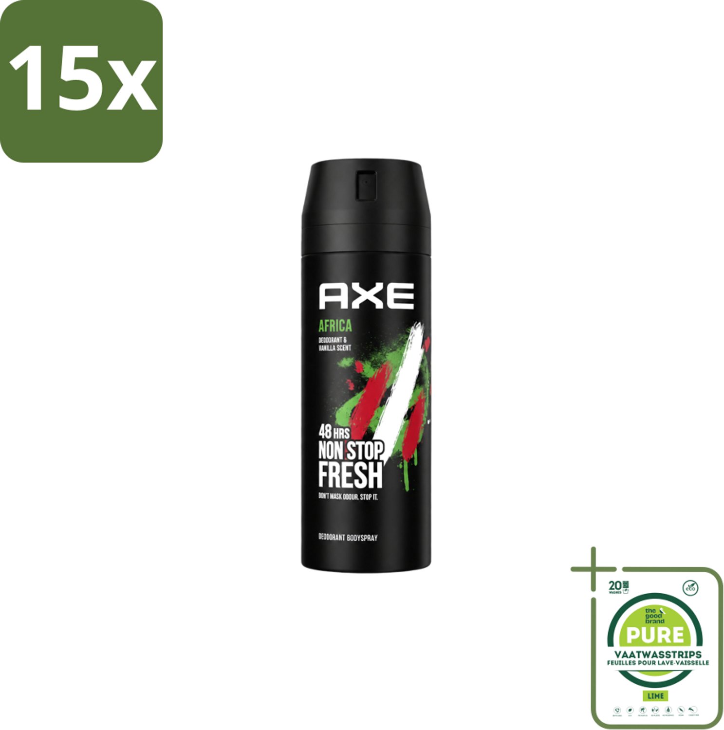 15 x Axe – Deodorant Spray – Africa – 150 ml - Grootverpakking - Vaatwasstrips - Axe Deodorant - Deodorant Spray - Zweetgeur Bestrijding - Mannelijke Geur - Frisheid