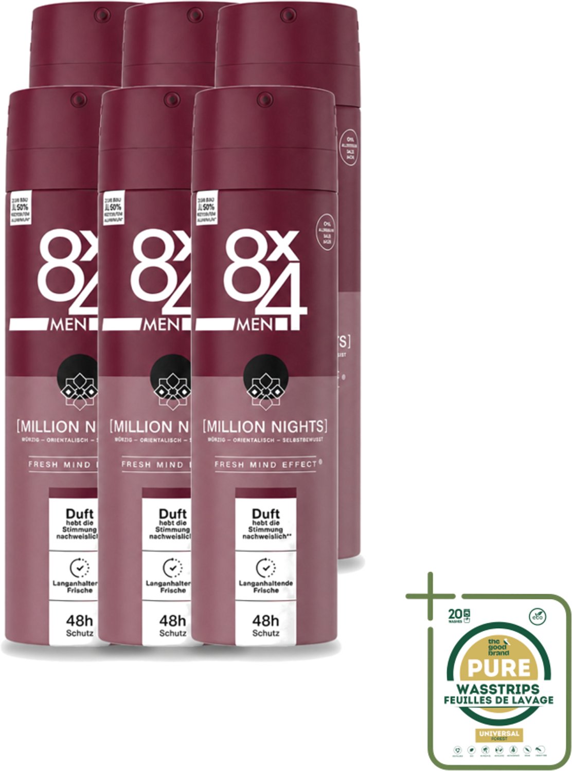 6 x 8 x 4 Deospray Men - No.18 Millions Nights - Deodorant - Voor Heren - 150 ml - Wasstrips - Deodorant Voor Heren - Avondgeur - Langdurige Bescherming - Zweetbestendig - Verleidelijke Geur