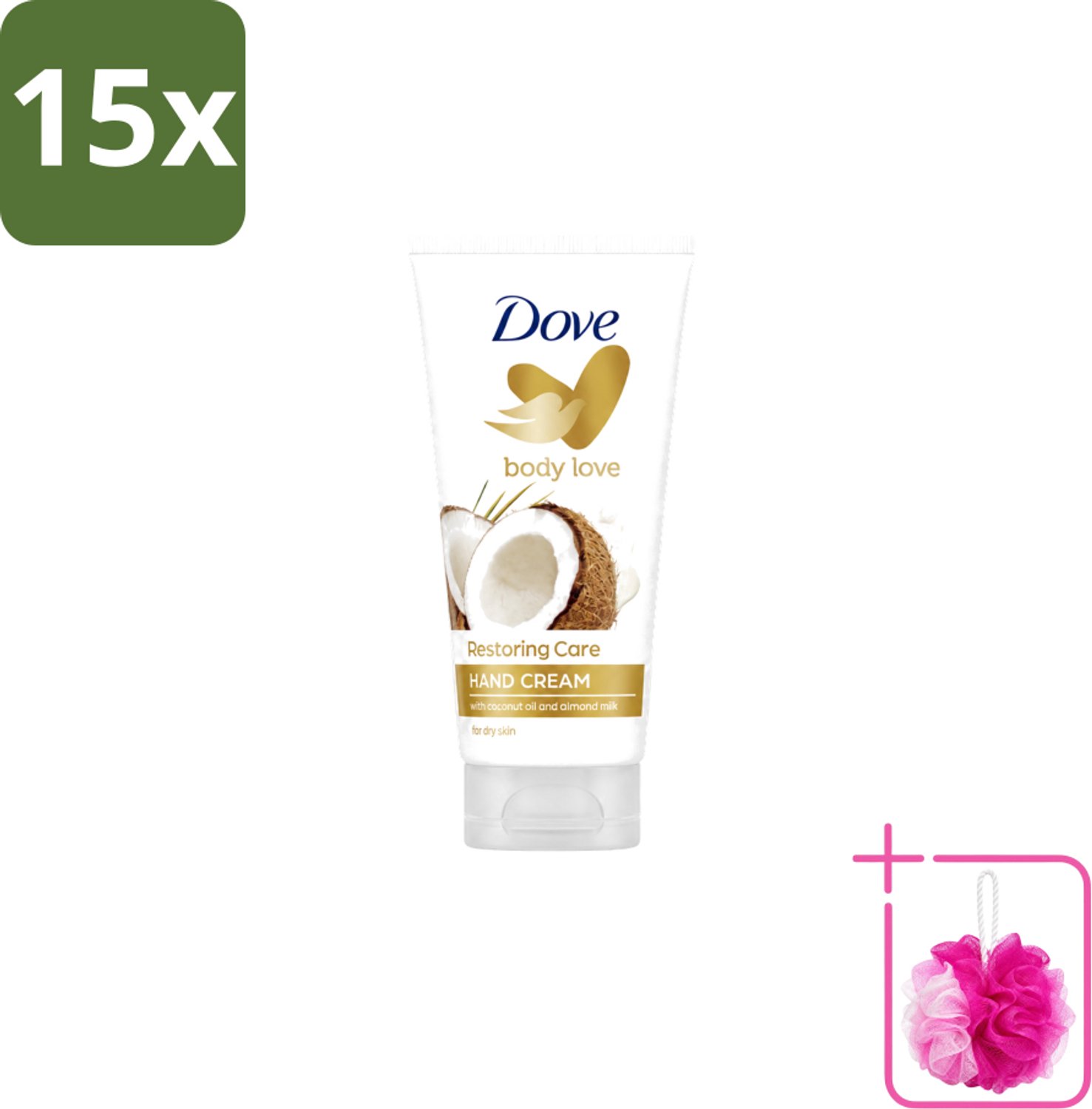 15 x Dove - Handcrème - Body Love Restoring Care - Kokos & Almond - Hydraterend - Droge huid - 75 g - Bulkverpakking - Handcrème - Douchemop - Droge huid