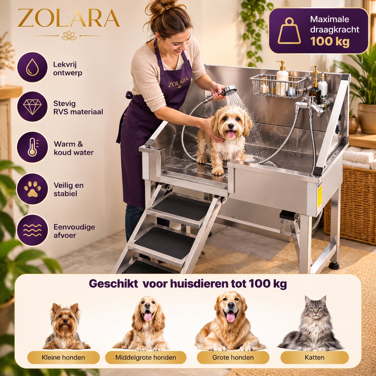 Zolara Honden Wasstation - RVS Hondendouche met Warm & Koud Water, Douchekop, Zeephouder en Afvoer - Professionele Huisdierenwasbak - Trimsalon - Honden douche - Honden wastafel - Hondendouchetafel