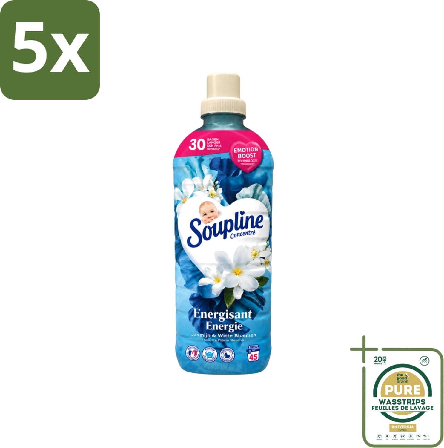 5 x Soupline – Wasverzachter – Energie Jasmijn & Witte Bloemen – 950 ml - Wasstrips - Wasverzachter - Jasmijn - Witte Bloemen - Fris - Energie