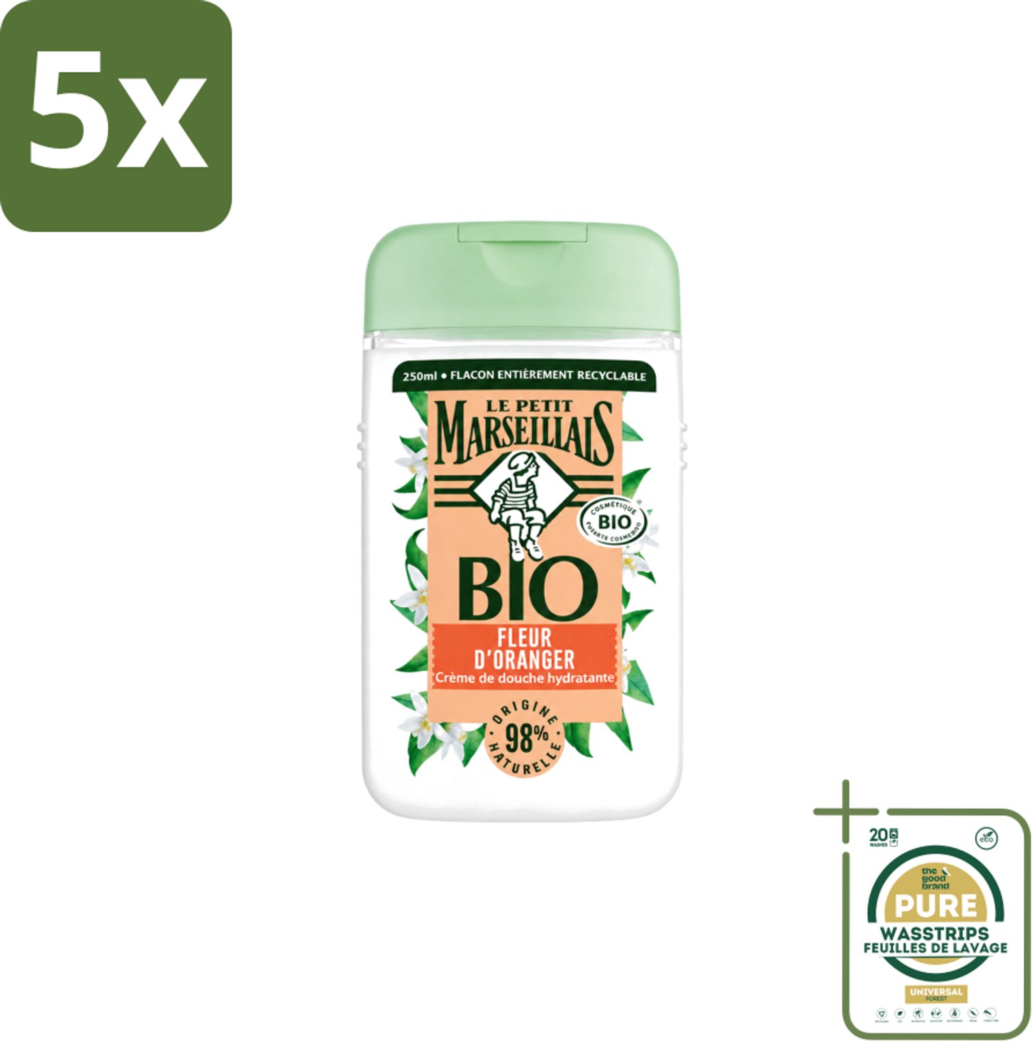 5 x Le Petit Marseillais – Douchegel – Fleur d’Oranger – 250 ml - Wasstrips - Douchegel Oranje Bloesem - Oranje Bloesem Geur - Natuurlijke Douchegel - Zachte Reiniging - Huid Verzorging