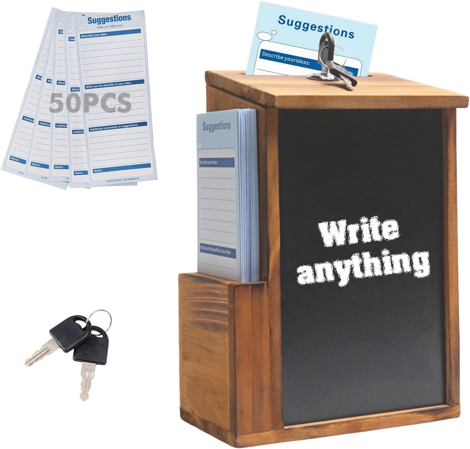 Suggestiebox, houten suggestiebox, afsluitbaar met krijtbord en 50 voorstellingskaarten, brievenbus hout, stembus voor opmerkingen, stembriefjes, donaties (17,3 x 9,9 x 25,1 cm)