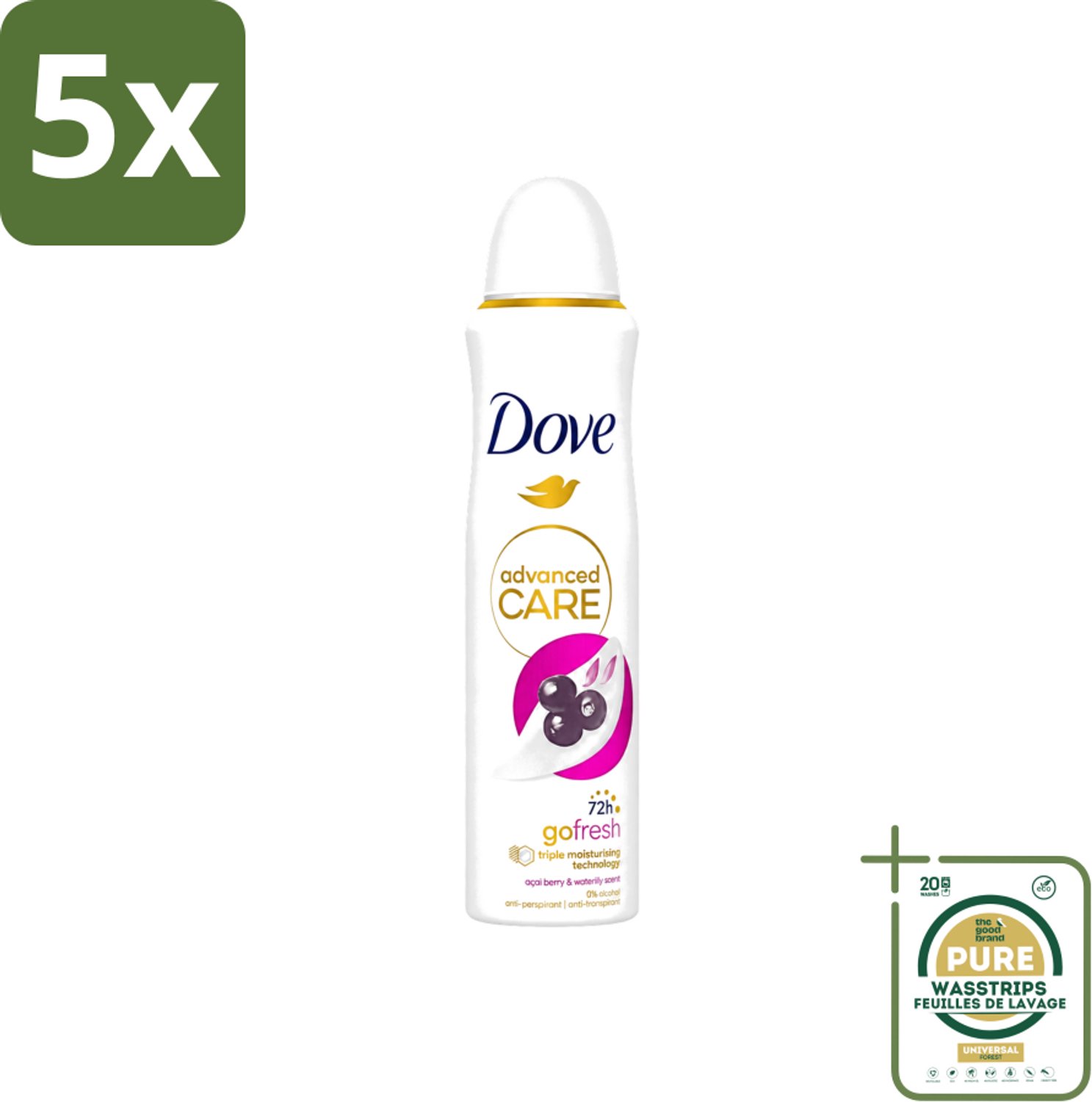 5 x Dove - Deospray - Acai Bes & Waterlelie - 150 ml - Wasstrips - Acai Bes & Waterlelie Deospray - Deospray Oksels - Geur Van Acai Bessen - Geur Van Waterlelie - Transpiratie Bescherming