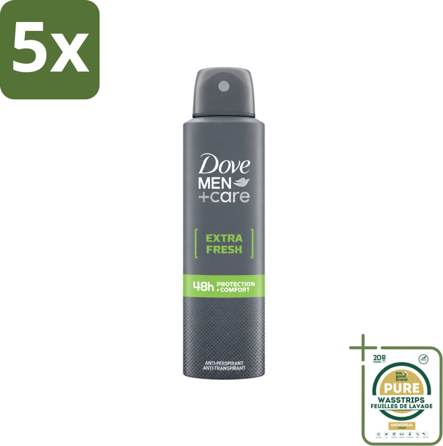 5 x Dove Men+Care - Extra Fresh - Deospray - Anti-Transpirant - 150 ml - Wasstrips - Dove Men+Care Extra Fresh Deospray - Deospray Voor Mannen - Alcoholvrije Deospray - Okselbescherming - Transpiratiebescherming