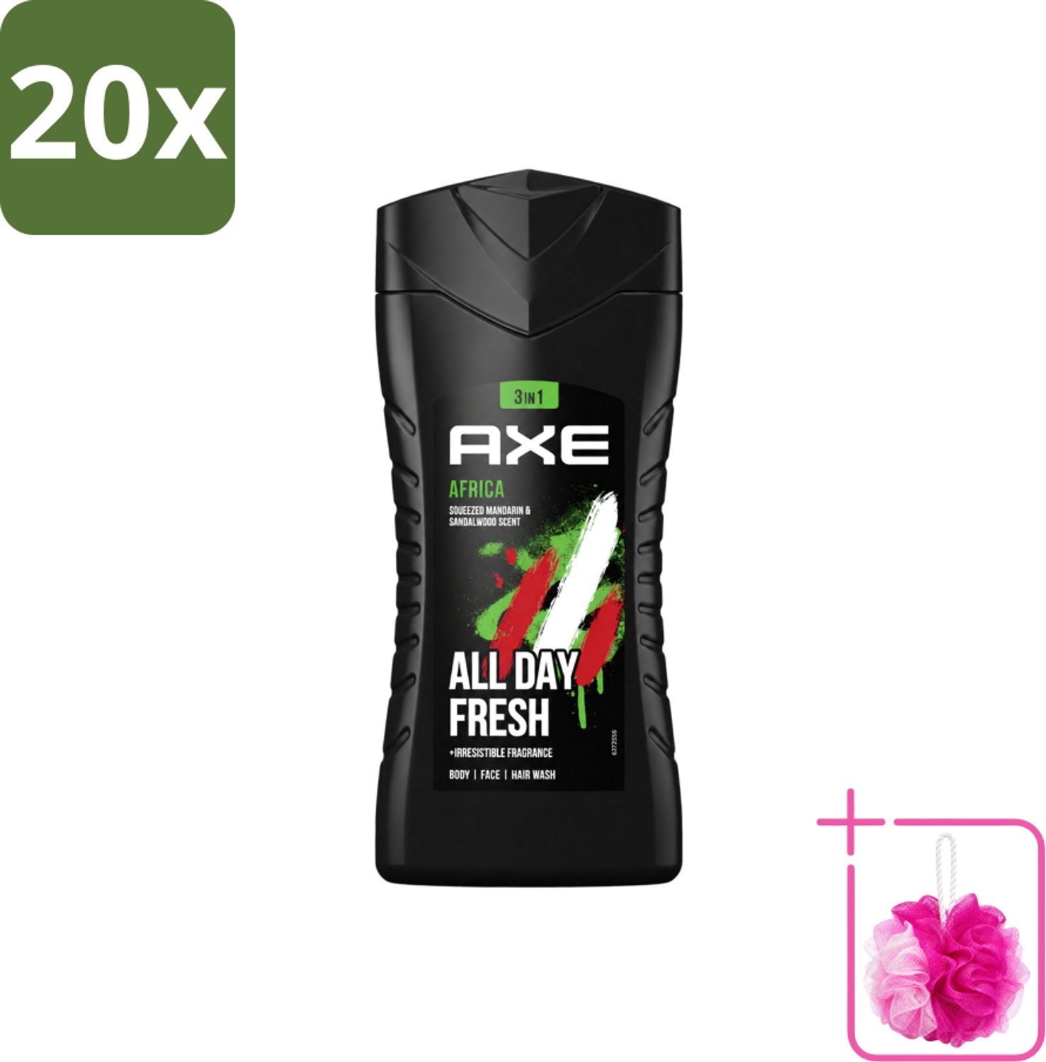 20 x Axe - 3-in-1 Douchegel - Africa - Squeezed Mandarin & Sandalwood - 12hrs Long Lasting Scent - 250 ml - Bulkverpakking - Douchegel - Douchemop - Geur mandarijn en sandelhout