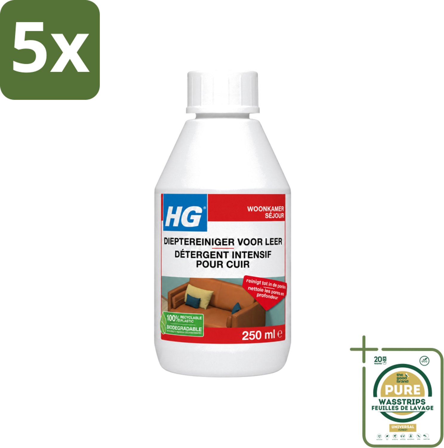 5 x HG - Dieptereiniger Voor Leer - Veilig & Milde Reiniging - 250 ml - Wasstrips - Leer Reinigen - Leer Reiniger - Diepte Reiniger - Leer Reinigen Zonder Schade - Leer Poriën Reinigen