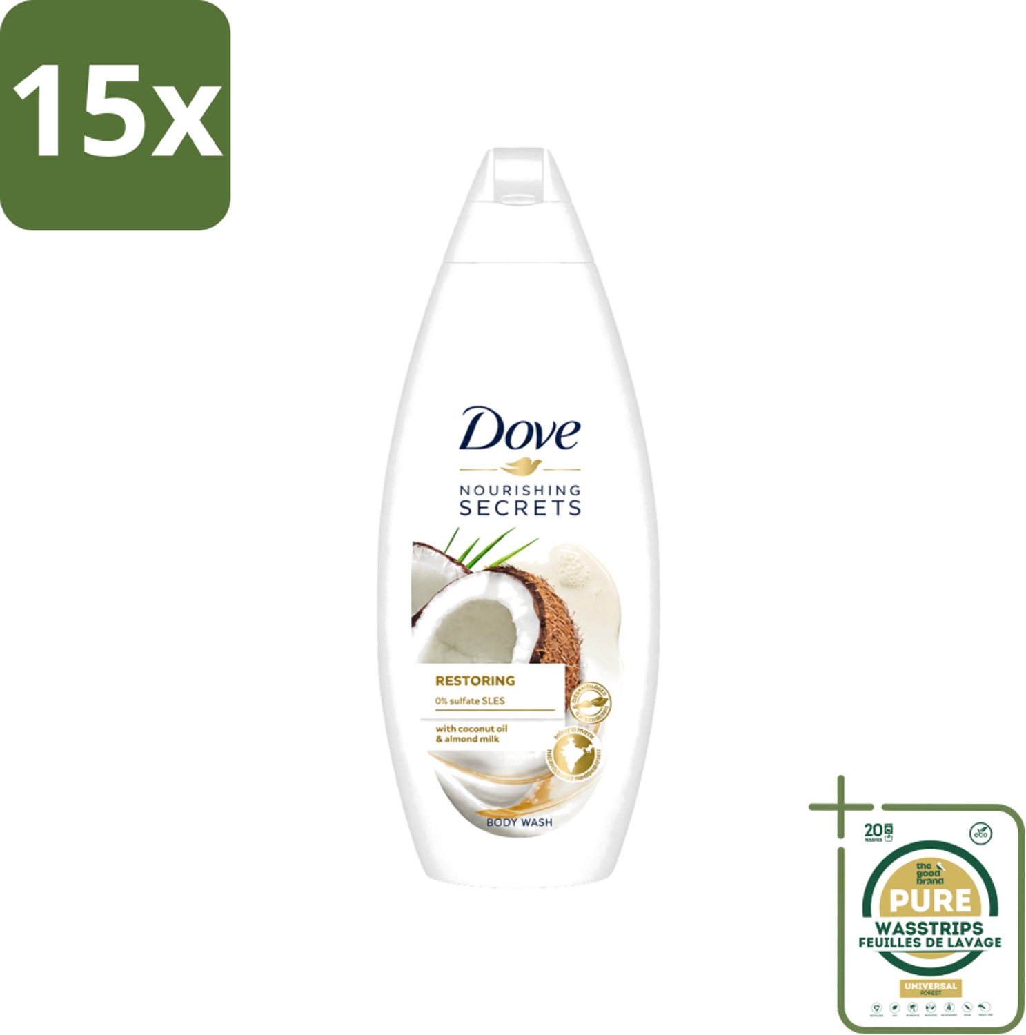 15 x Dove Nourishing Secrets - Douchegel - Kokosolie & Amandel melk - Sulfaatvrij - 250 ml - Wasstrips - Douchegel - Kokosolie - Amandelmelk - Natuurlijke Verzorging - Sulfaatvrije Douchegel