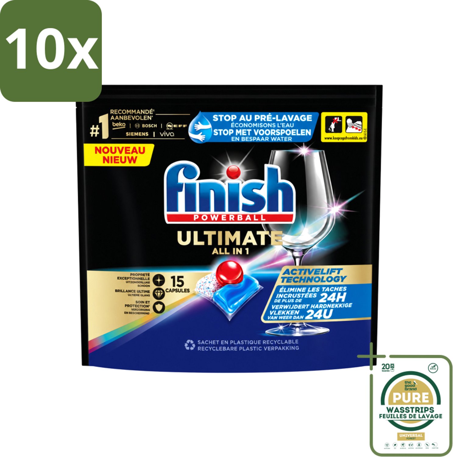10 x Finish Powerball - Ultimate All in 1 - Vaatwastabletten - Activelift - 15 Capsules - Wasstrips - Vaatwastabletten - Activelift - Reiniging - Glans - Vaatwassen