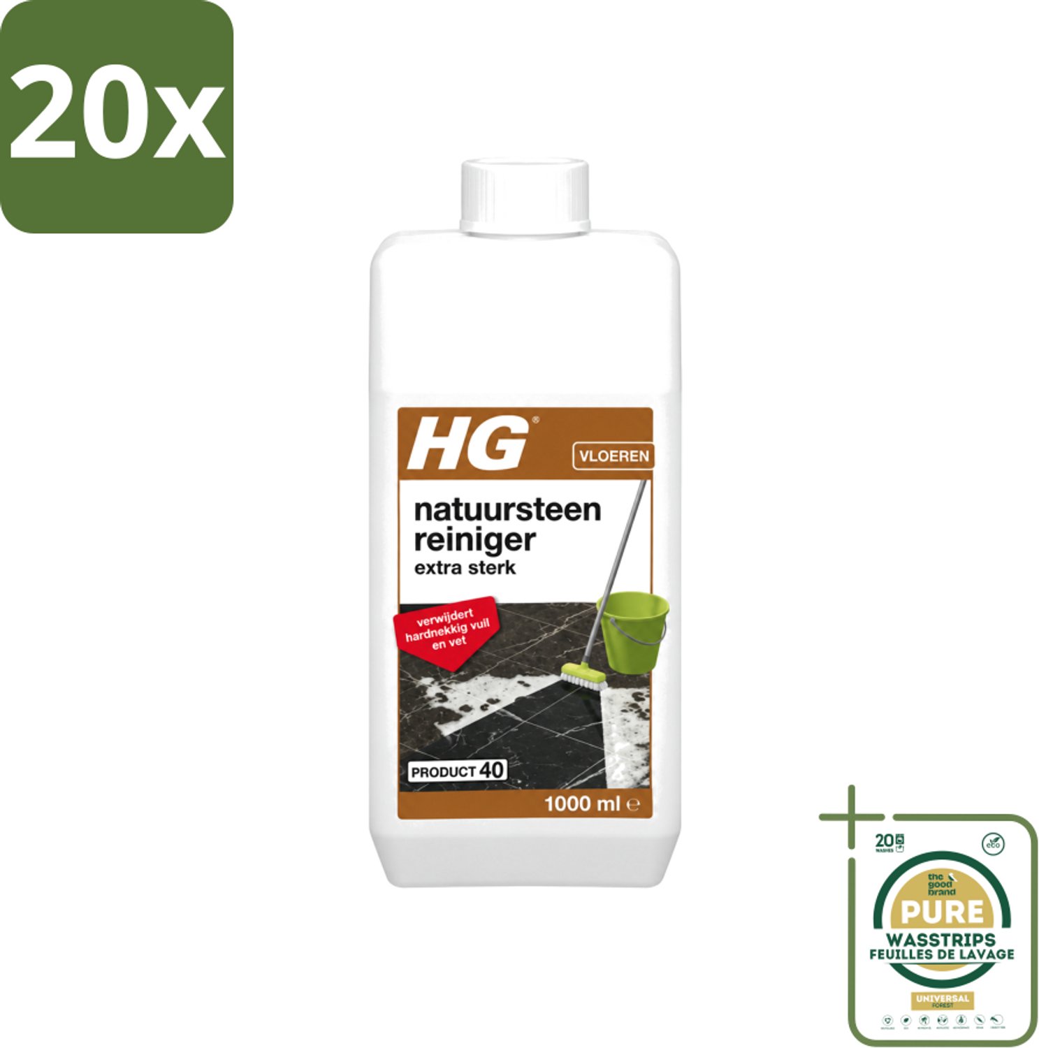 20 x HG - Natuursteenreiniger - Extra Sterk - Verwijdert Hardnekkig Vuil & Vet - 1L - Wasstrips - Natuursteen Reinigen - Vet Verwijderen - Natuursteen Reiniger - Marmer Reinigen - Travertin Reinigen