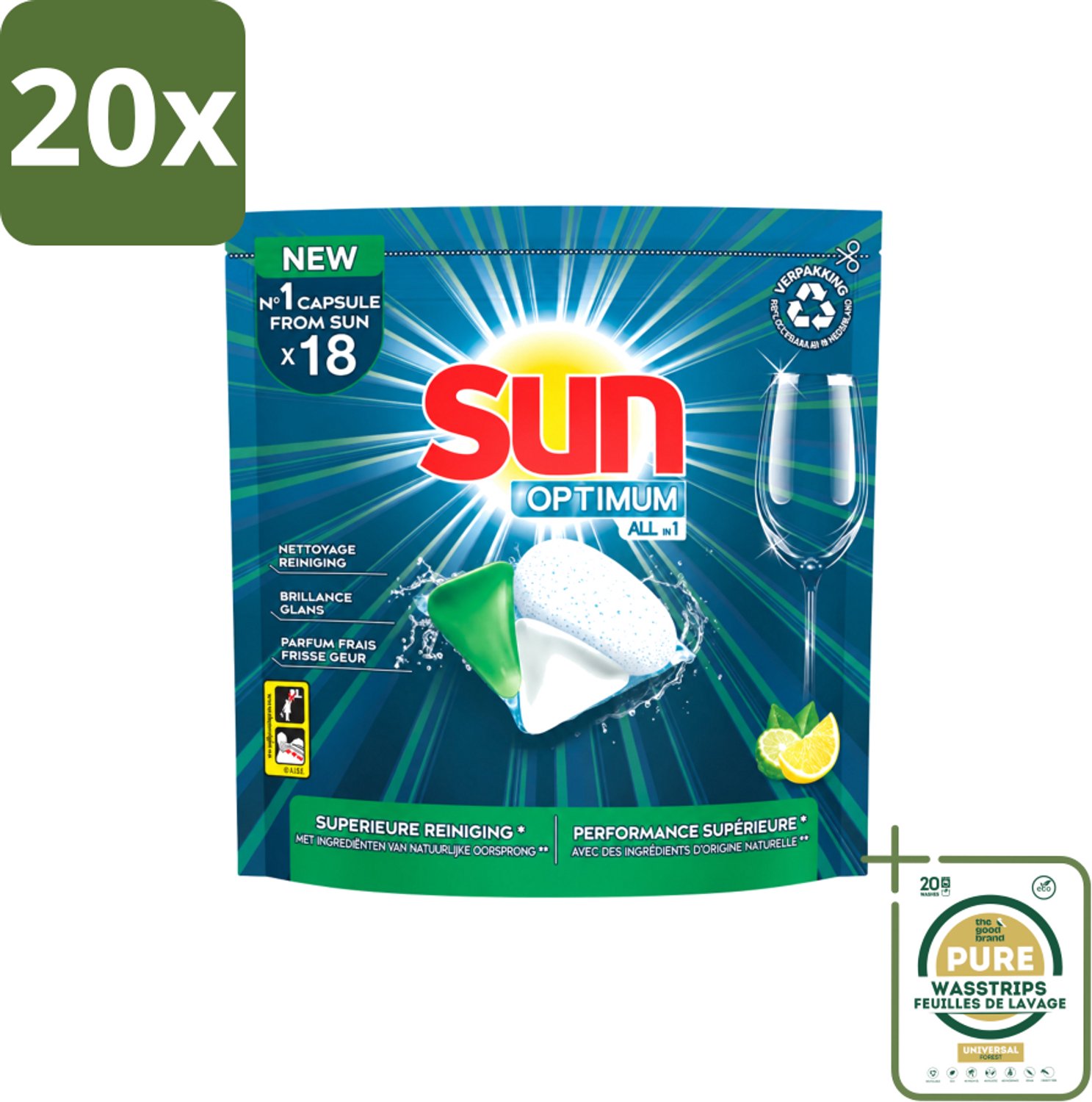 20 x Sun Optimum - All-in-1 - Vaatwasmiddel - Capsules - Citroen - 18 Capsules - Wasstrips - Vaatwasmiddel - Vaatwascapsules - Citroen - Reiniging - Spoelglans