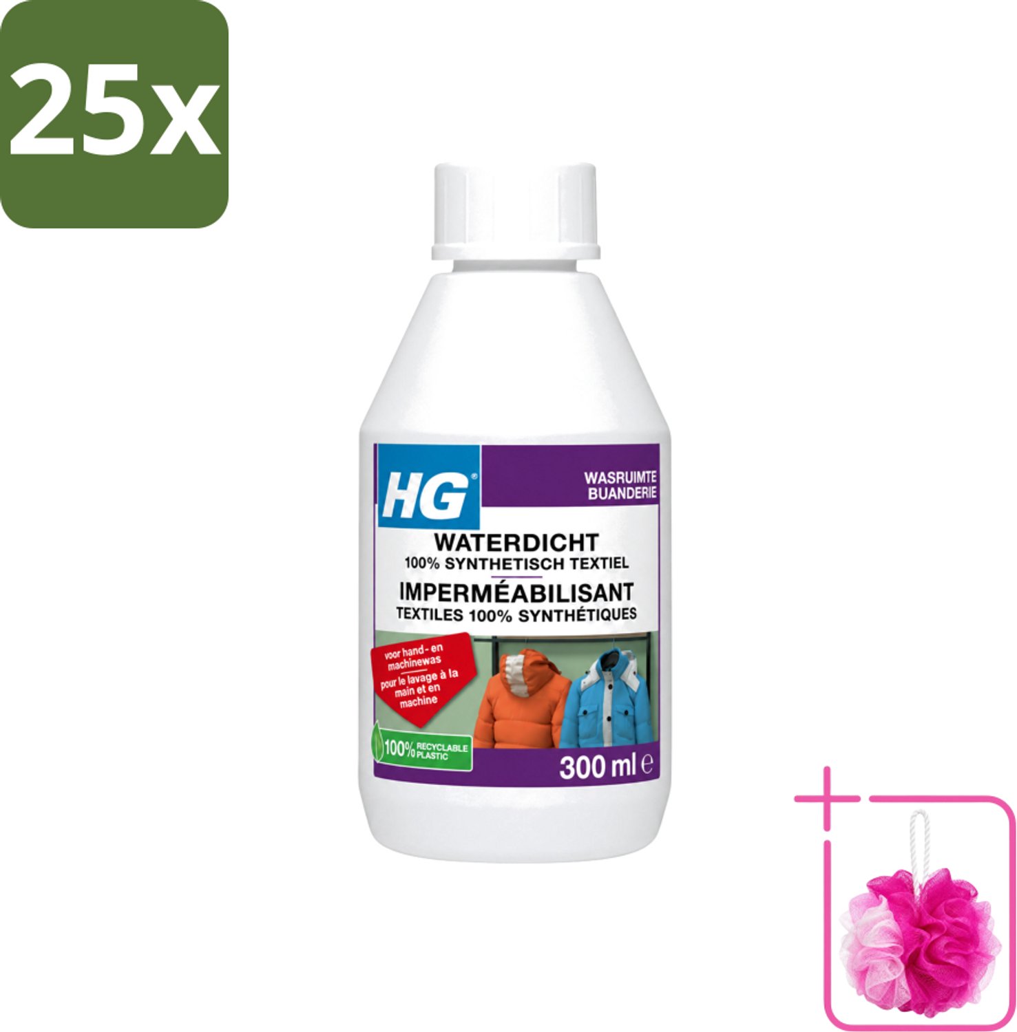 25 x HG - Wasruimte - Waterdicht 100% Synthetisch Textiel - Voor Hand & Machine Was - 300 ml - Bulkverpakking - Waterdicht textiel - Douchemop - Vuilafstotend textiel