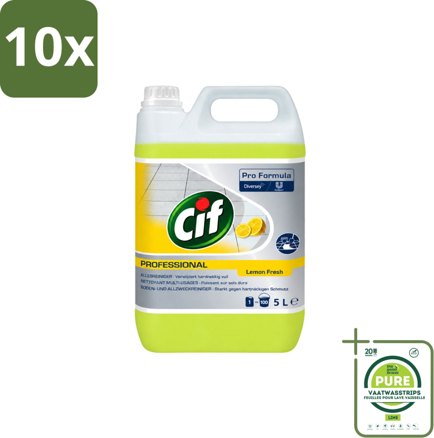 10 x Cif - Allesreiniger - Citroenfris - 5 l - Grootverpakking - Vaatwasstrips - Allesreiniger - Waterbestendig Oppervlak - Vuiloplossend - Reiniging - Vloer