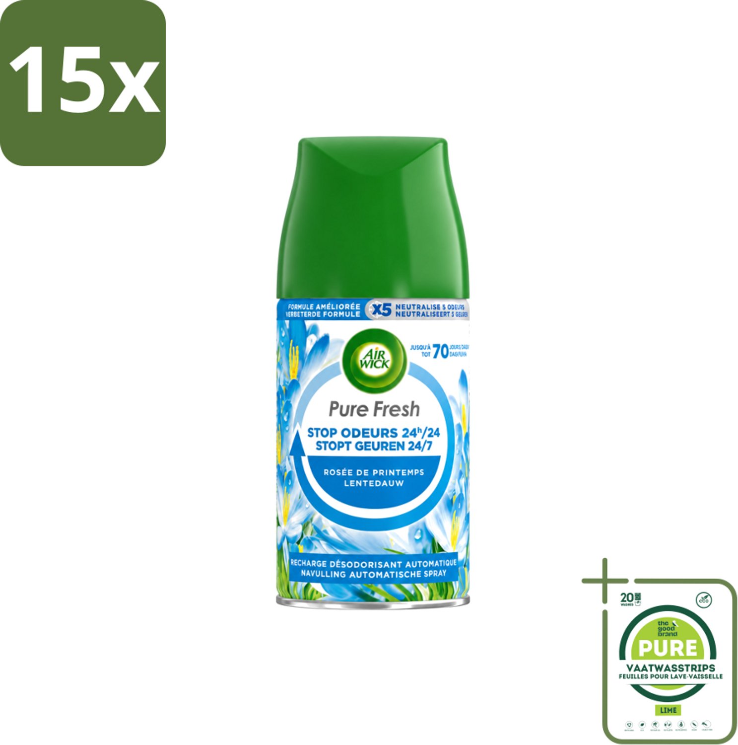 15 x Air Wick – Navulling – Freshmatic Pure Lentedauw – 250 ml - Grootverpakking - Vaatwasstrips - Lentedauw - Geur - Parfum - Geurverspreiding - Geurneutralisatie
