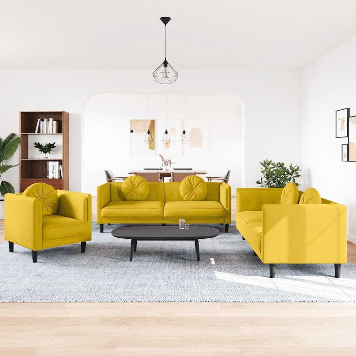 3-delige bankstel met kussen geel fluweel, zachte velours stof en dikke bekleding voor comfortabele zitervaring, stabiele steunpoten en modern design, praktisch rond