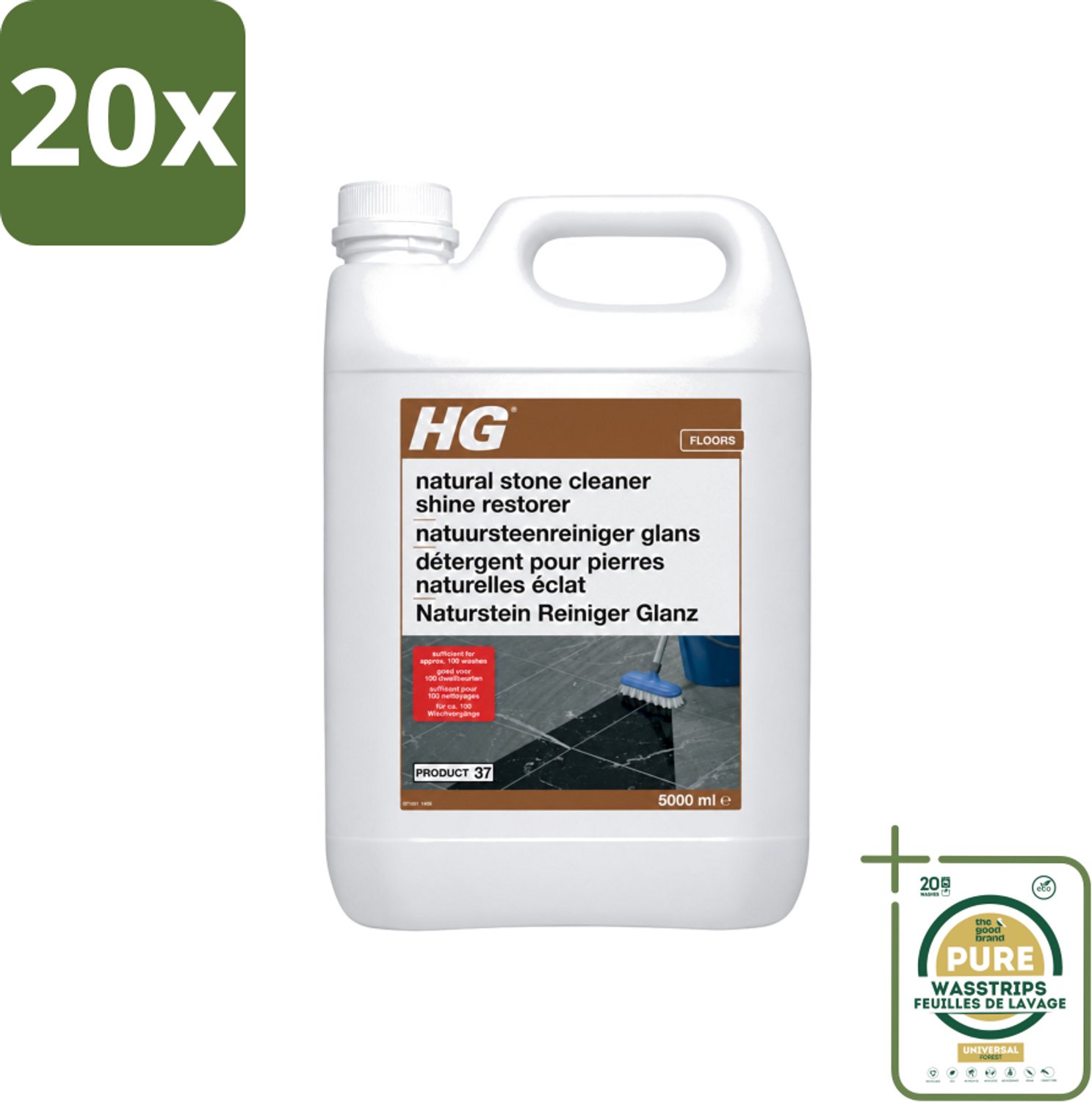 20 x HG - Natuursteenreiniger Glans - 40 Dweilbeurten - 5L - Wasstrips - Natuursteen Reinigen - Marmer Reinigen - Glans Herstellen - Natuursteen Schoonmaken - Natuursteen Onderhoud