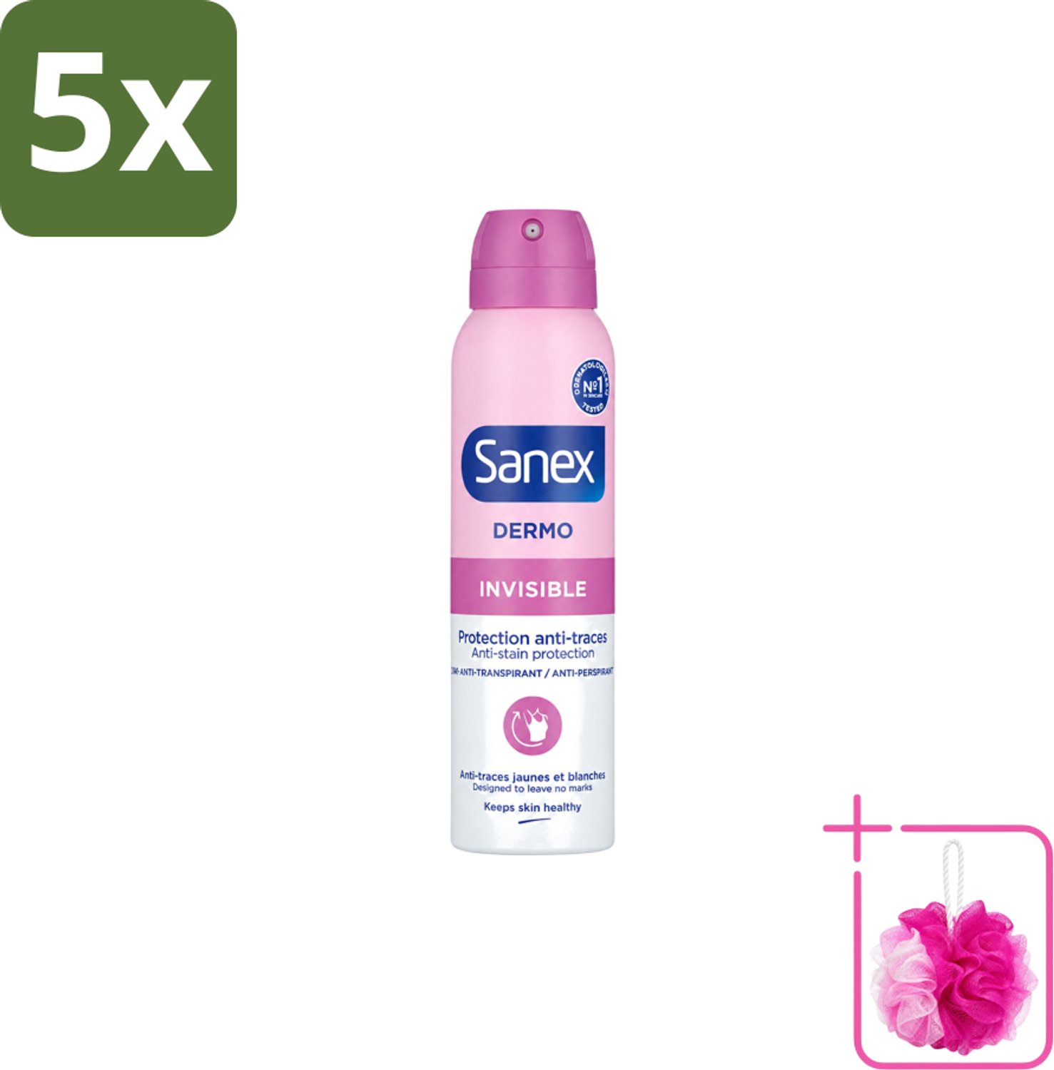 5 x Sanex – Deodorant Spray – Dermo Invisible – 150 ml - Bulkverpakking - Onzezichtbare deodorant - Douchemop - Deodorant spray