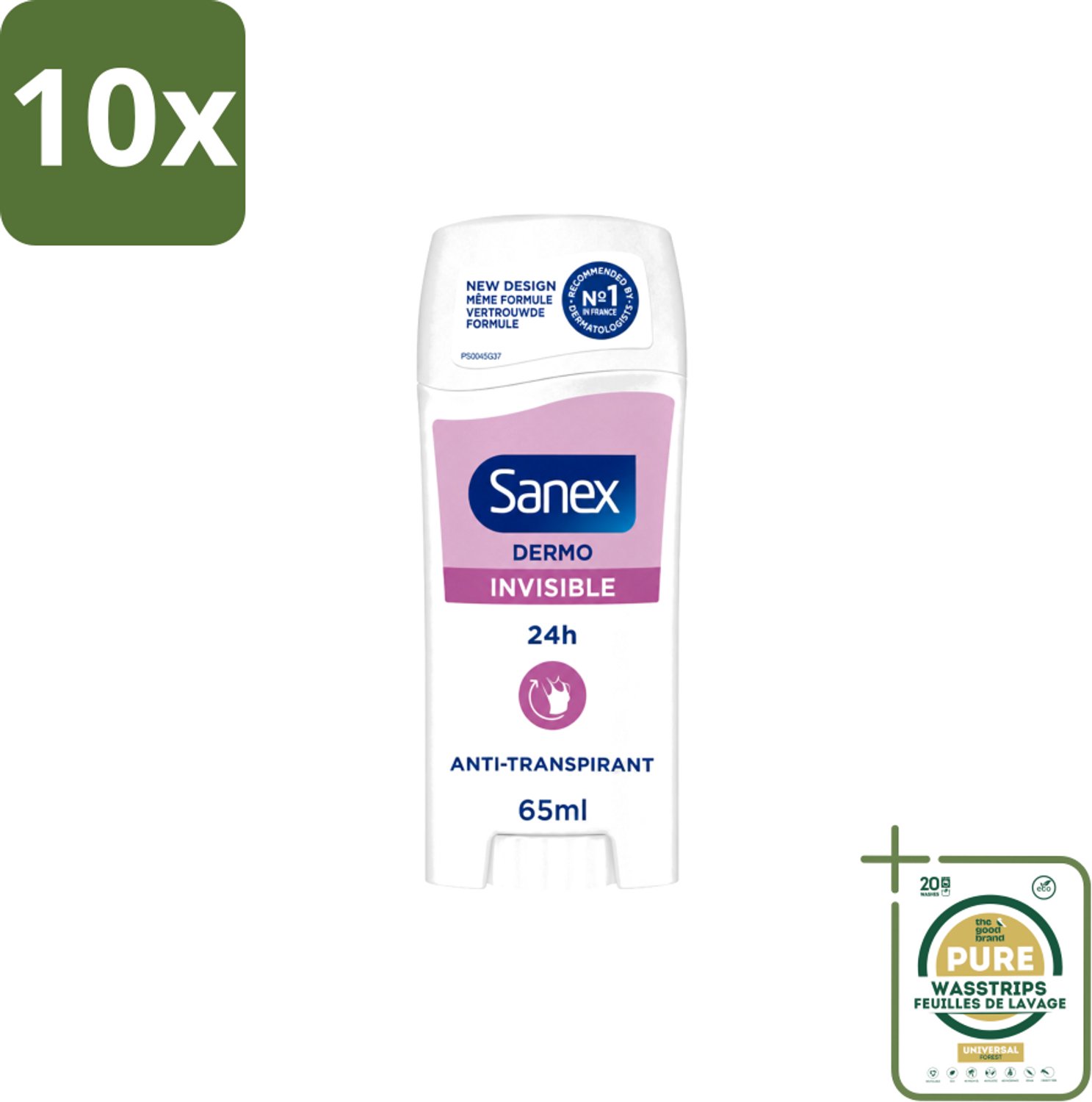 10 x Sanex – Deodorant Stick – Dermo Invisible – 65 ml - Wasstrips - Onzezichtbare Deodorantstick - Deodorantstick - Onzichtbare Deodorant - Huidvriendelijke Deodorant - Frisheid